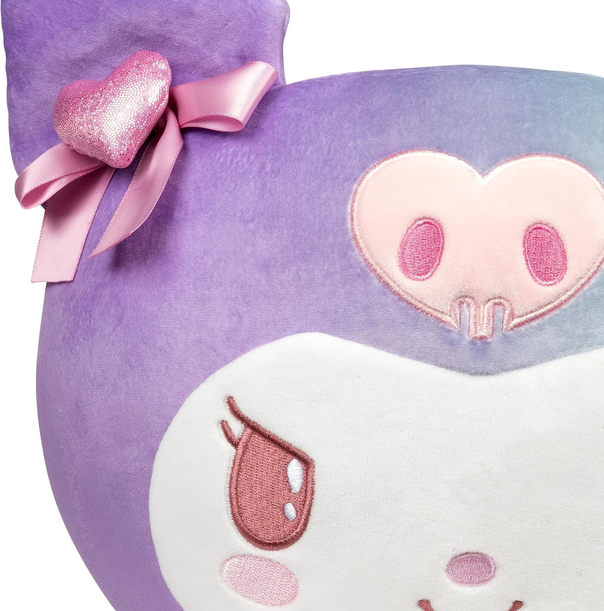 Cute Kuromi plush toy pail for Halloween or Easter treats with a heart-shaped bow on a white background