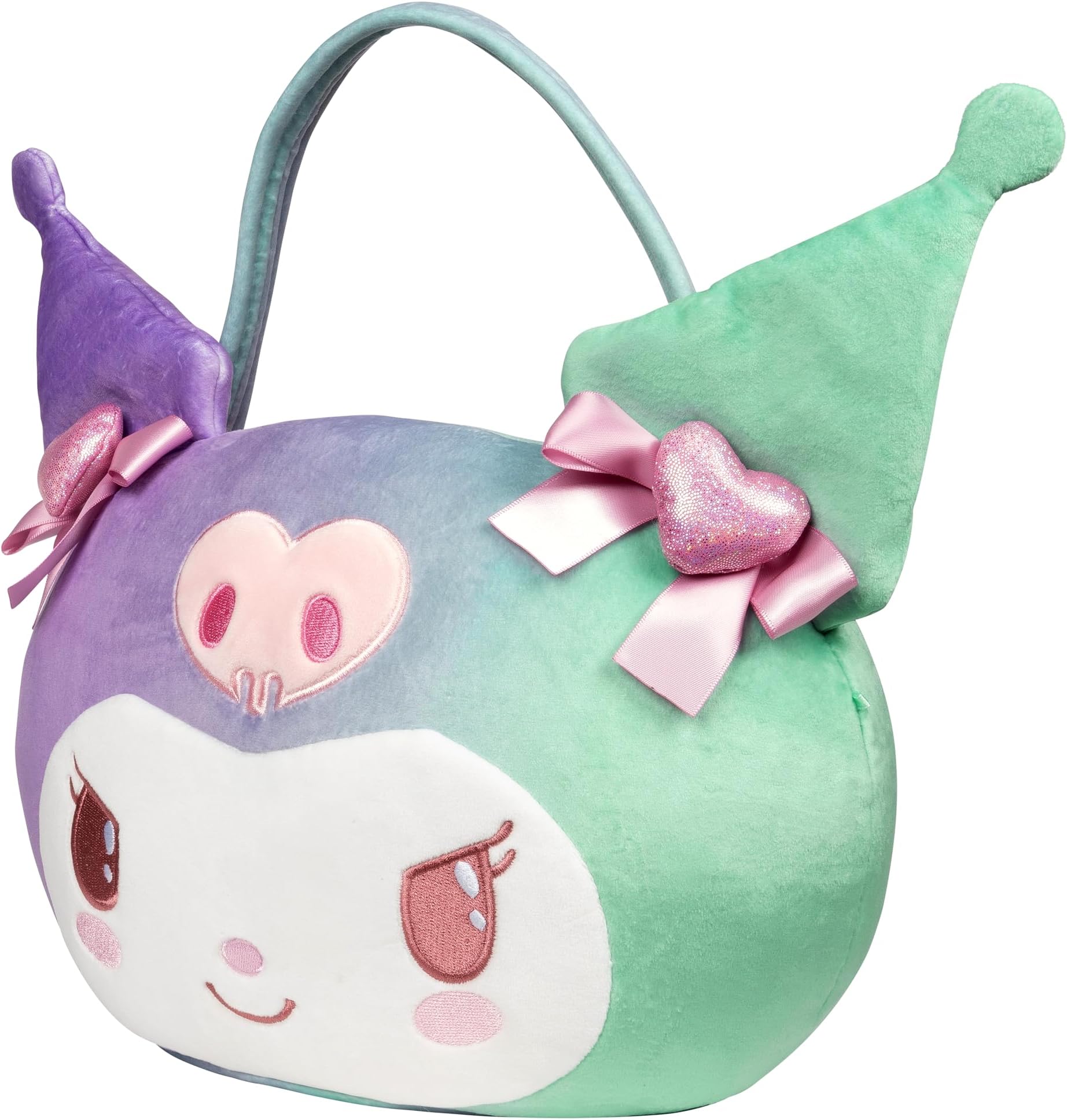 Plush toy Kuromi Easter basket with a face design on a white background