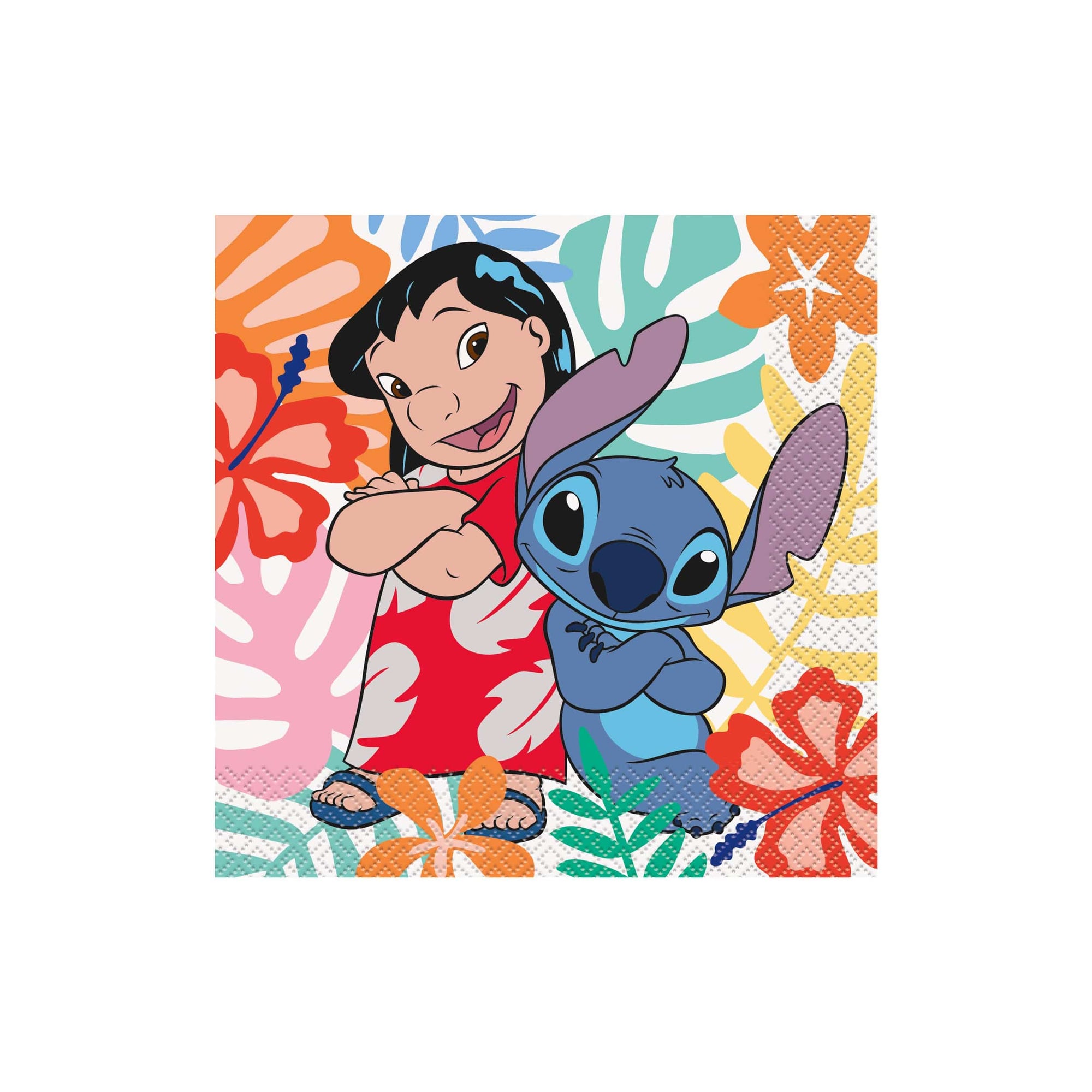 Lilo and Stitch Tropical Napkins - Large feature the duo smiling in front of a vibrant Hawaiian floral design with colorful tropical patterns, perfect for adding island style to your luau party.