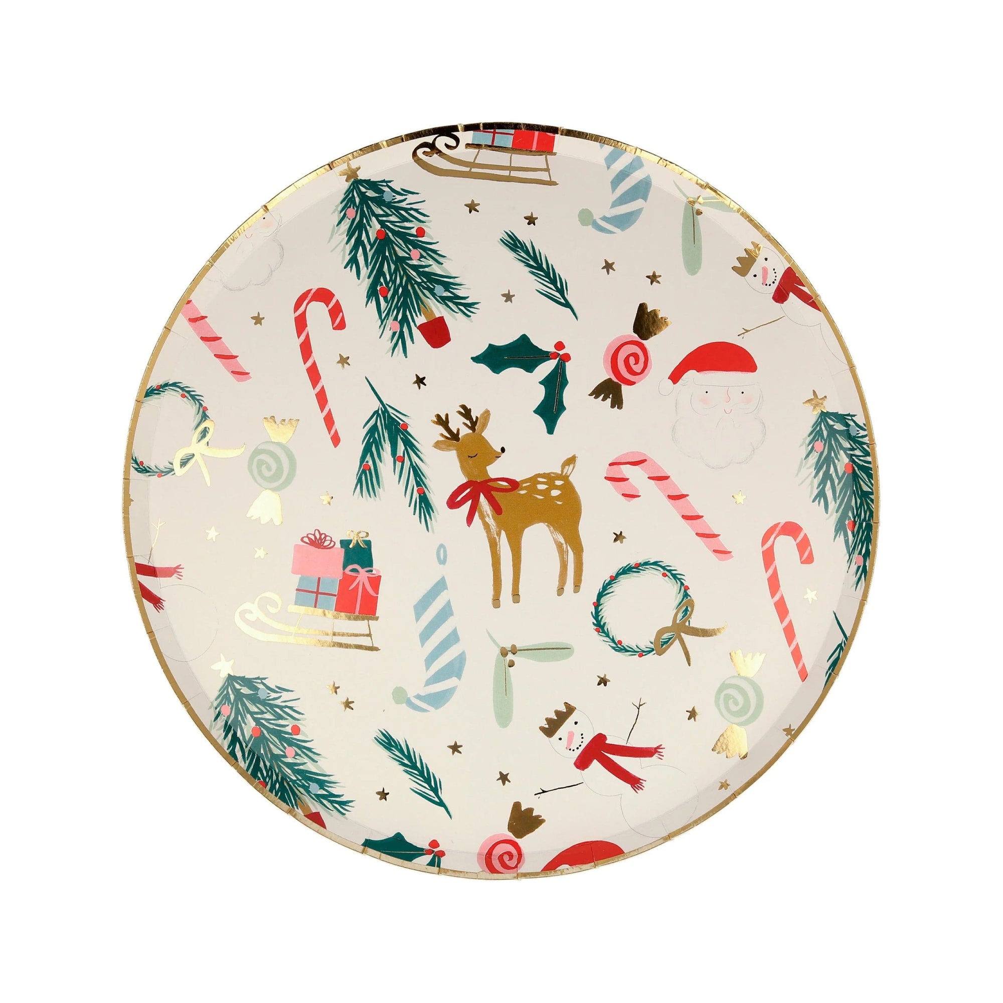 Decorative Meri Meri plate with Christmas-themed  santa and reindeer illustrations on a white background