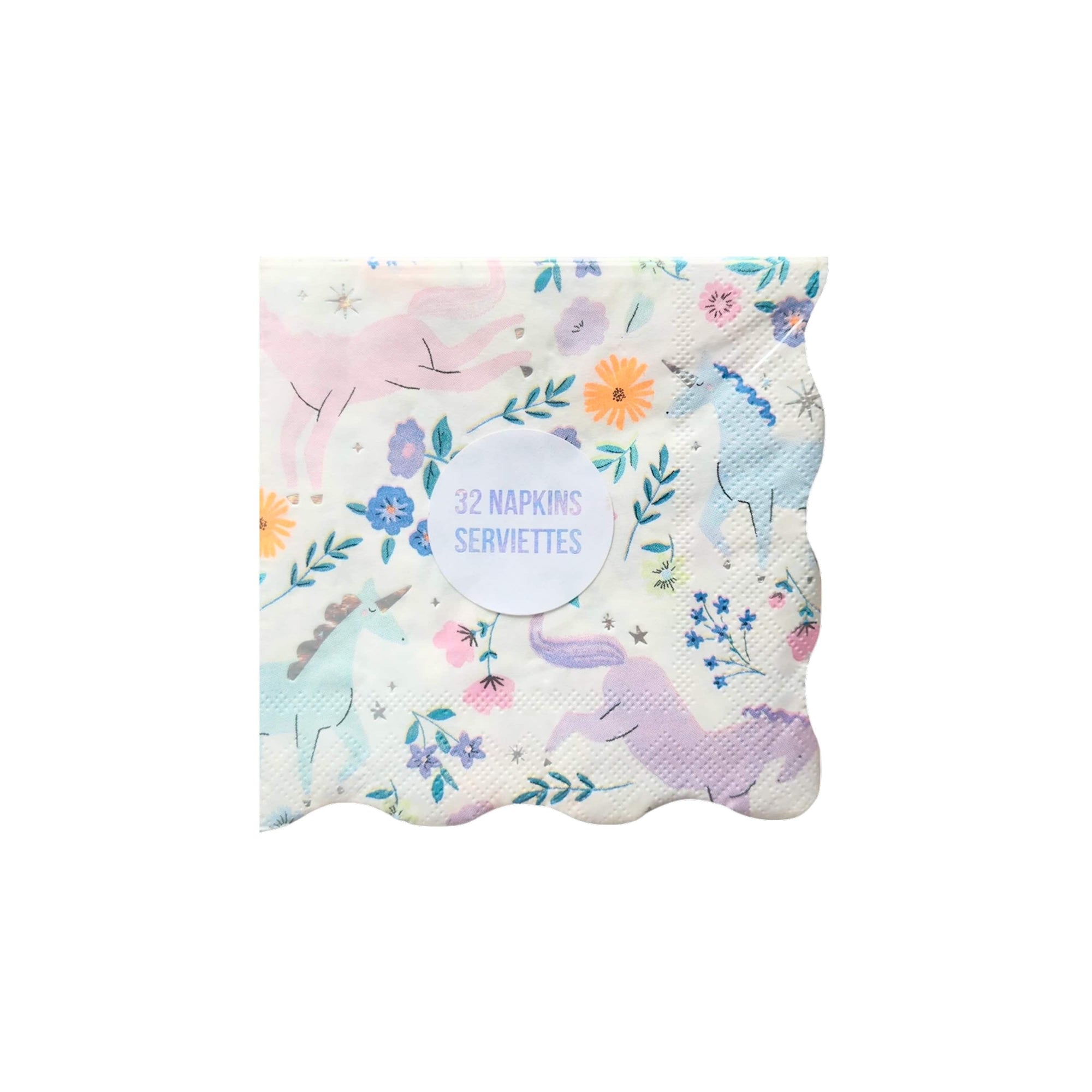 Pack of colourful Meri Meri party napkins with floral and unicorn designs and a wavy scalloped border