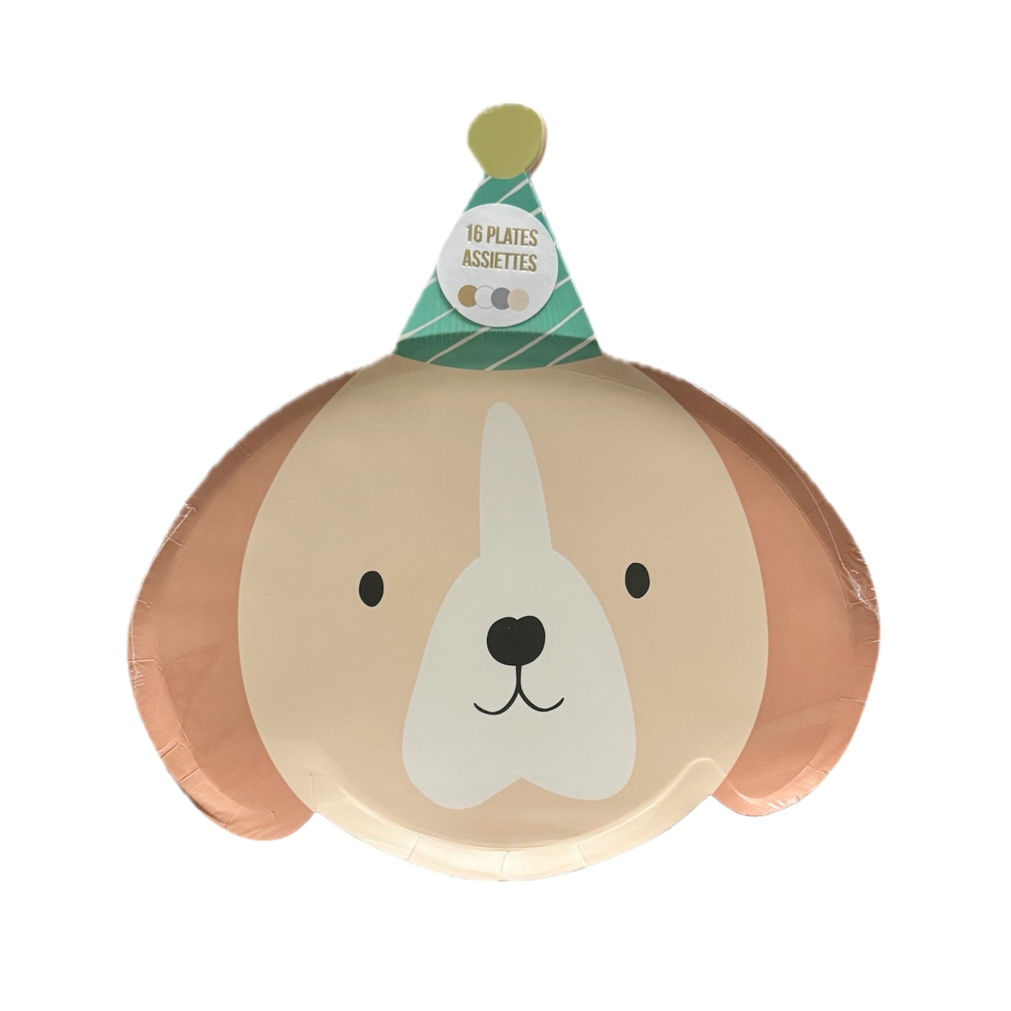 Dog-shaped Meri Meri paper plate with a party hat on a white background