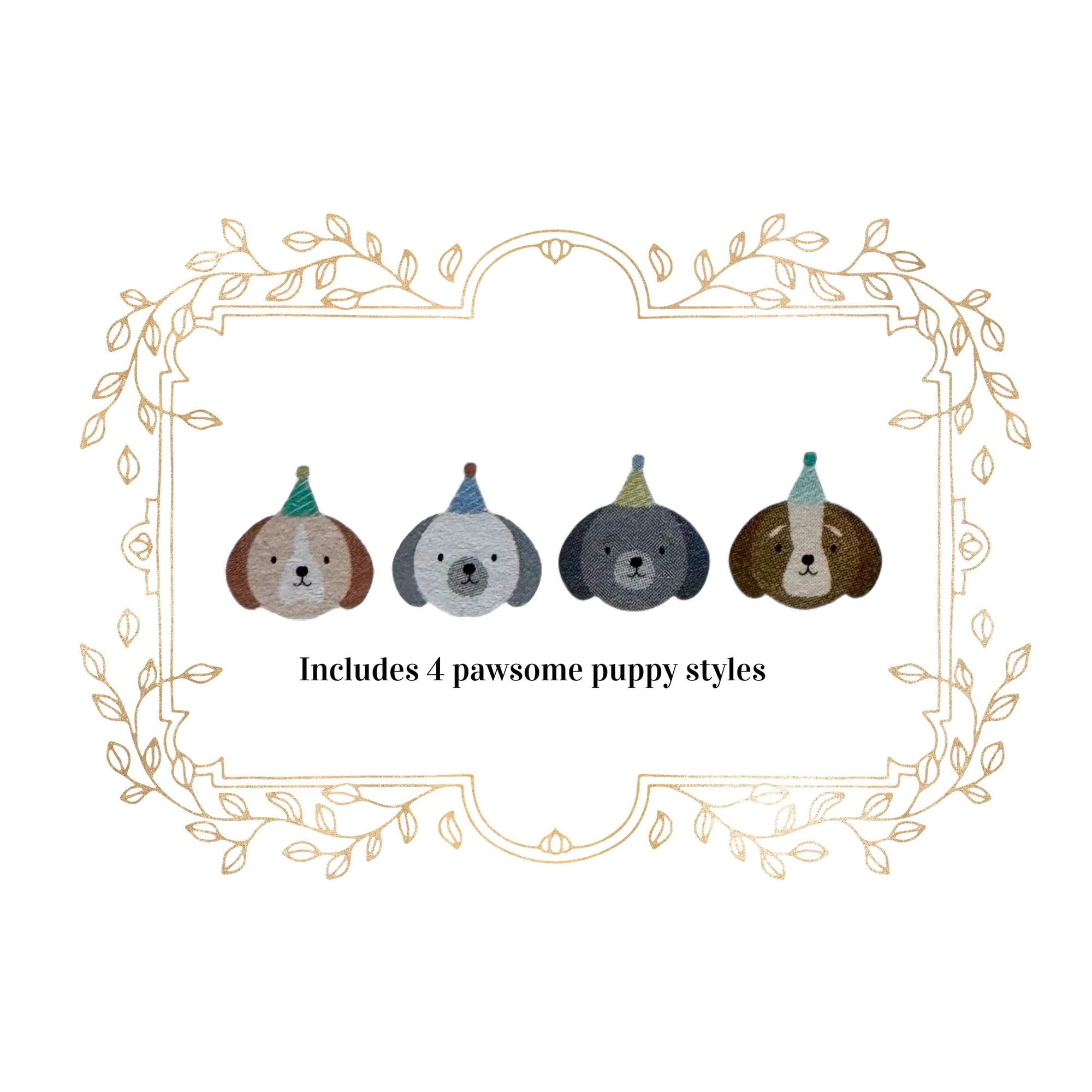 Four Meri Meri puppy plates with party hats in a decorative frame on a white background.