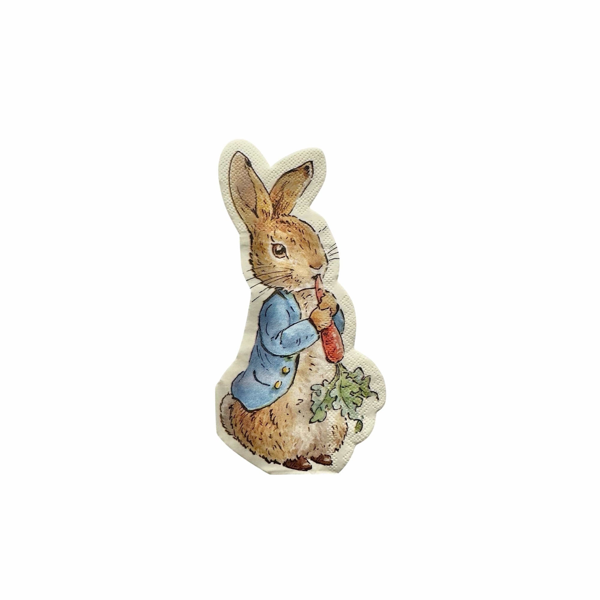 Peter Rabbit shaped party napkin showing a design of Peter Rabbit eating a carrot