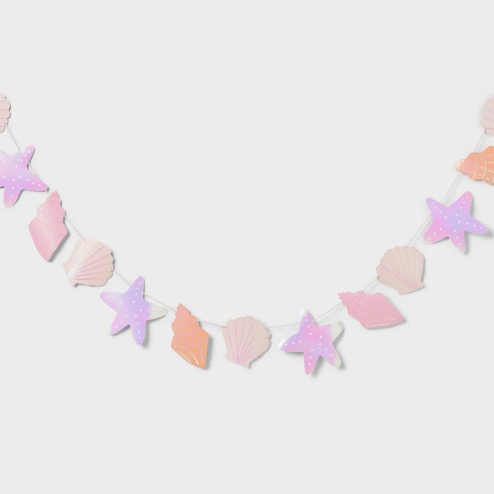 Mermaid Seashell Banner with iridescent pink, lavender, and peach shells and starfish on white cord