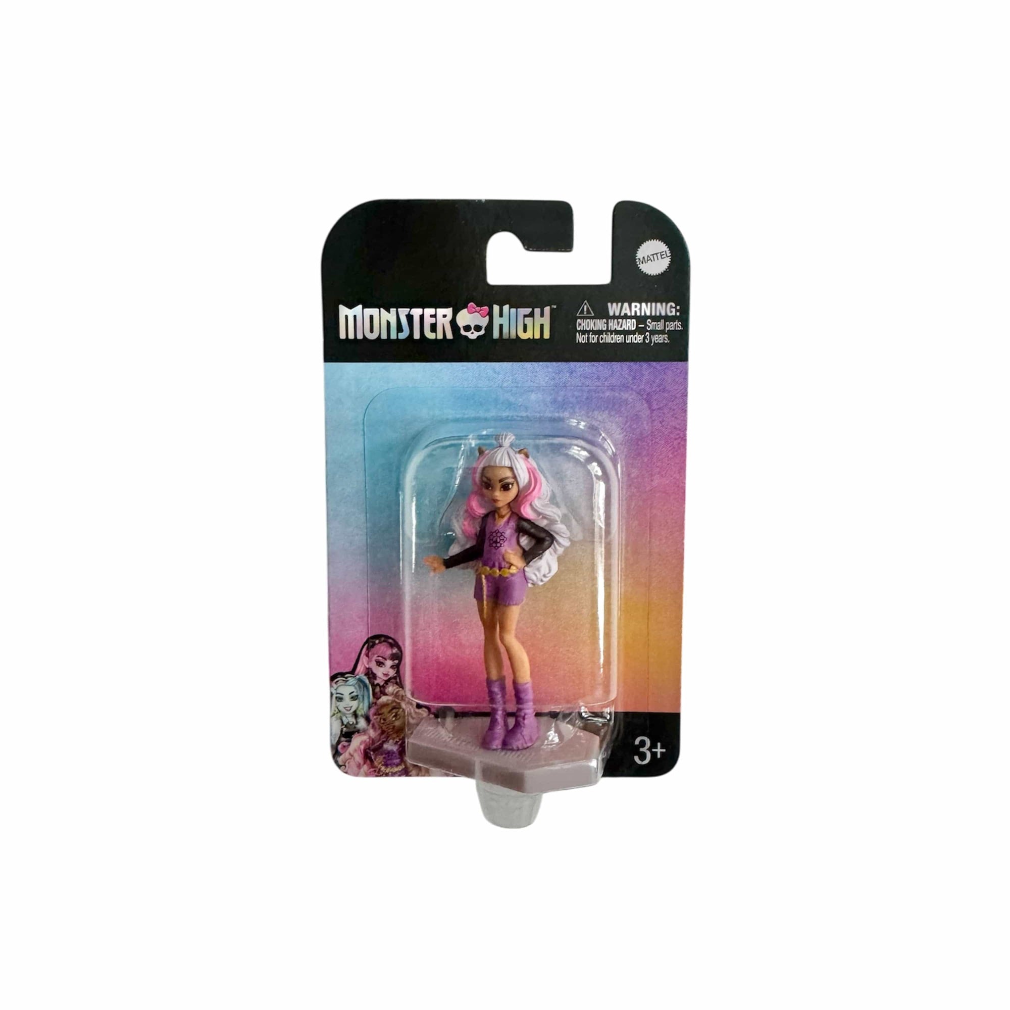 Monster High mini Clawdeen doll with pink white hair and purple outfit collectible figure ideal for party favours cake decorations stocking stuffers and children's gifts ages 3+