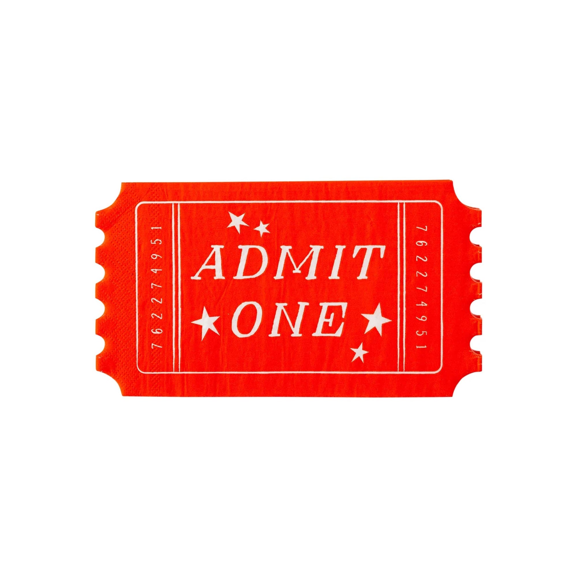 A red Circus ticket napkin with the words 'ADMIT ONE' printed in white text and star graphics.