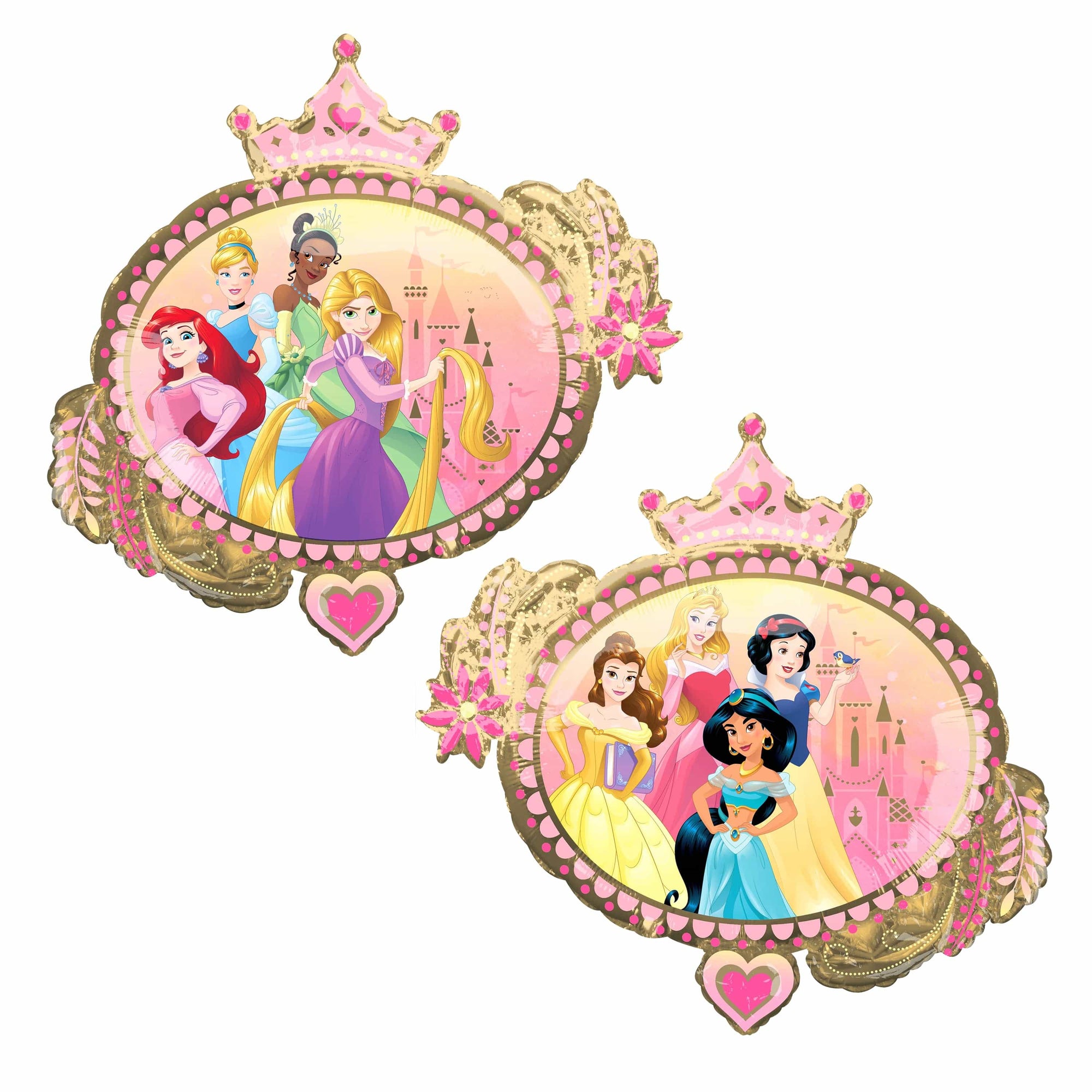 Both sides of Disney Princess Once Upon A Time giant foil balloon: Ariel, Rapunzel, Tiana, Cinderella, Belle, Aurora, Jasmine, Snow White