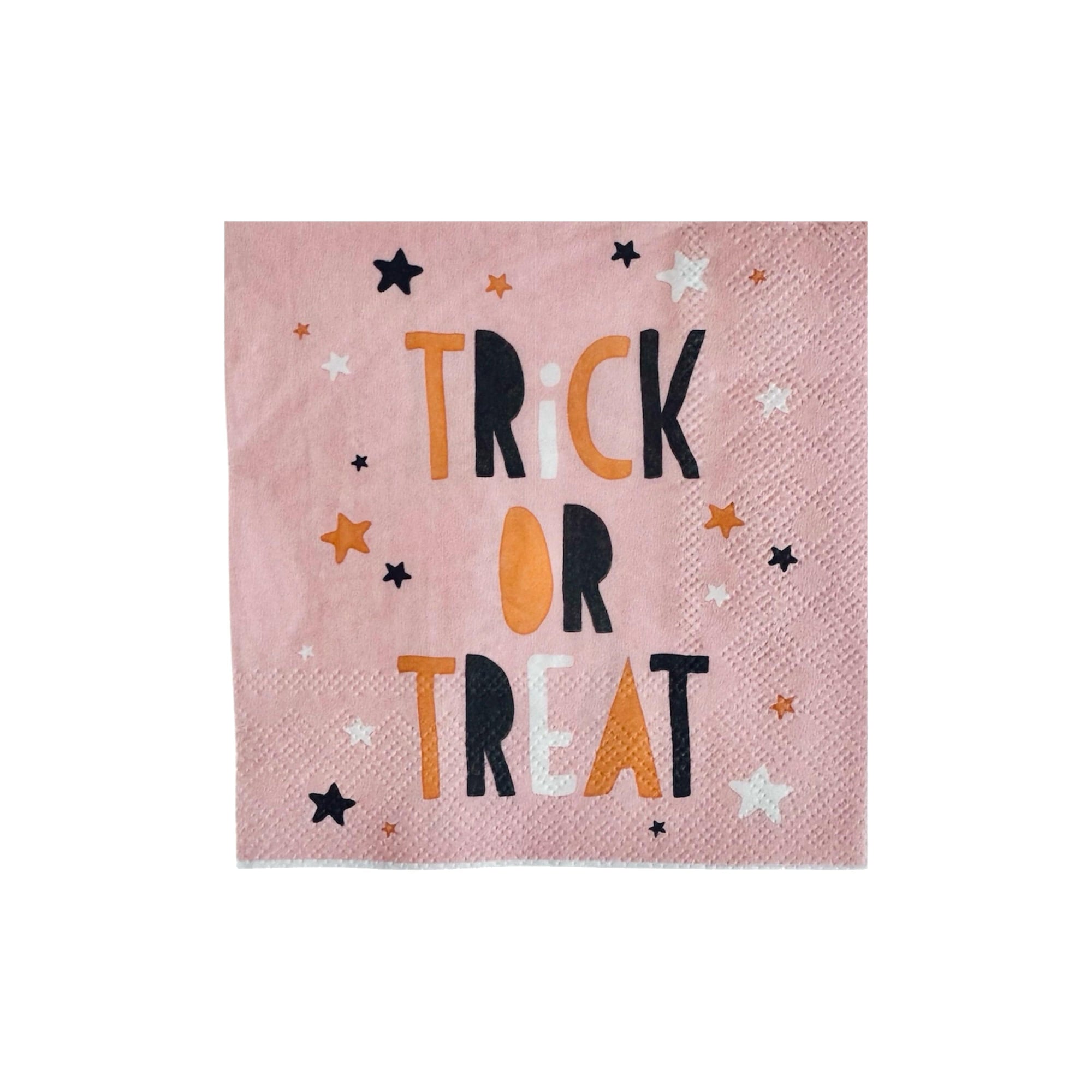 Pink napkin with 'Trick or Treat' text and star decorations on a white background