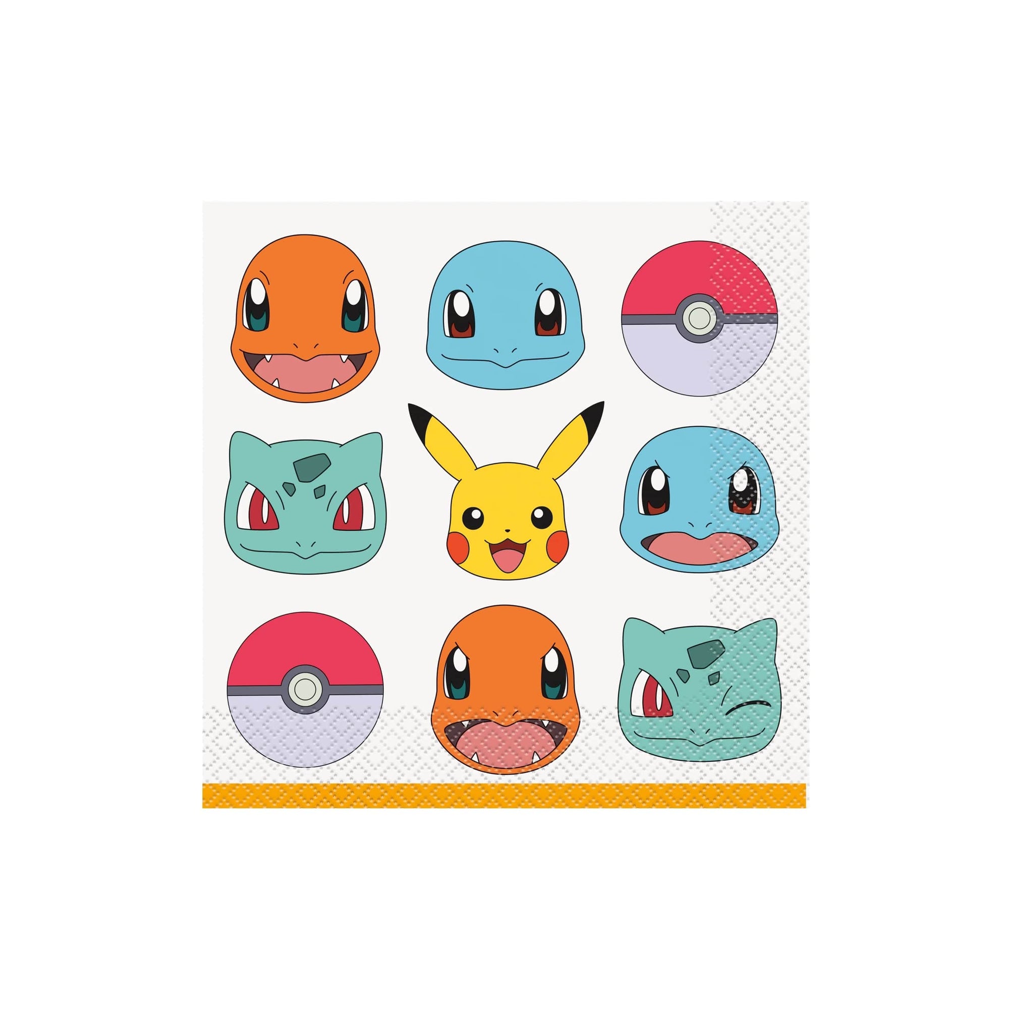 Pokémon character party napkins featuring Pikachu, Bulbasaur, Squirtle, Charmander faces and Pokéballs - small party napkins for children's themed birthday
