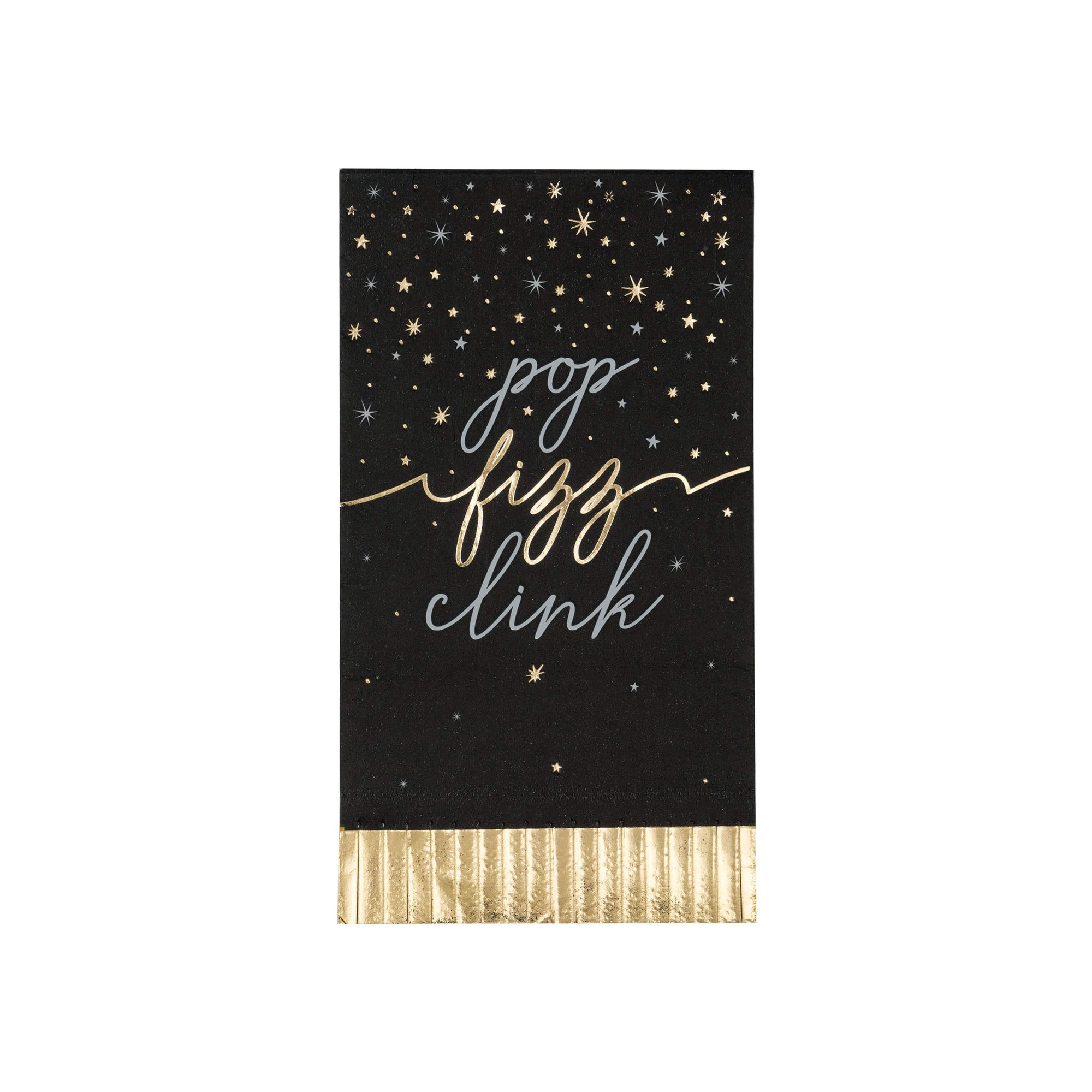 Black and gold paper party napkins with gold text 'pop fizz clink' and star patterns on a white background