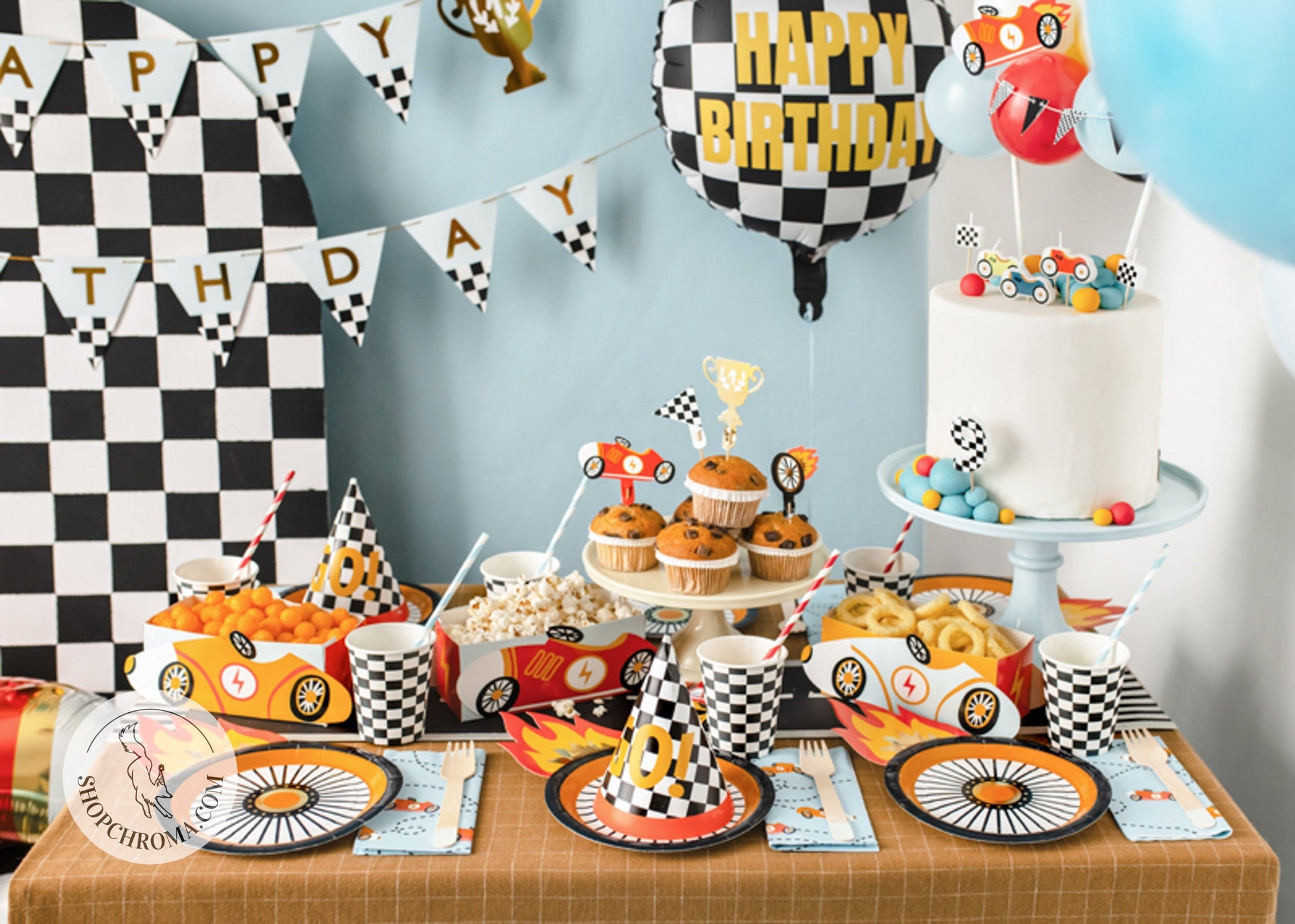 Racing car tire plates with flames checkered pattern cups Happy Birthday decorations - complete race car themed party supplies for boys birthday