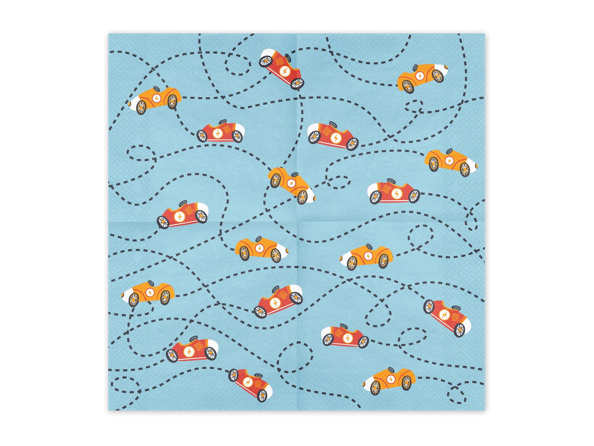 Paper party napkins with a pattern of toy cars on a blue background with dashed lines