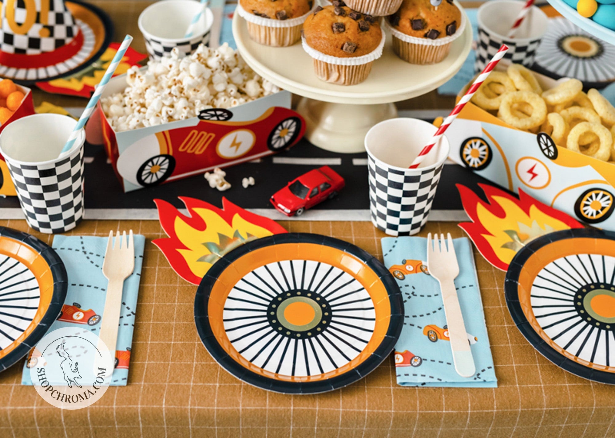 Tire wheel paper plates with flame design racing car party cups checkered napkins - race car birthday party tableware disposable party supplies