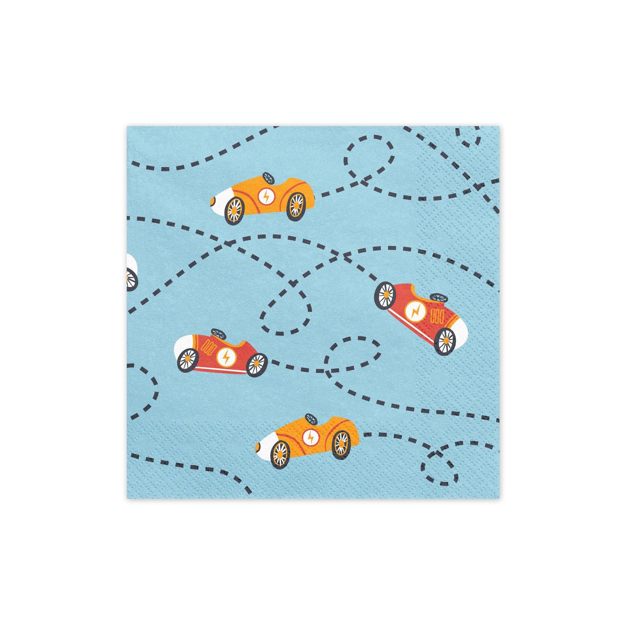 Party napkins with a pattern of orange race cars on a blue background with black dashed lines.