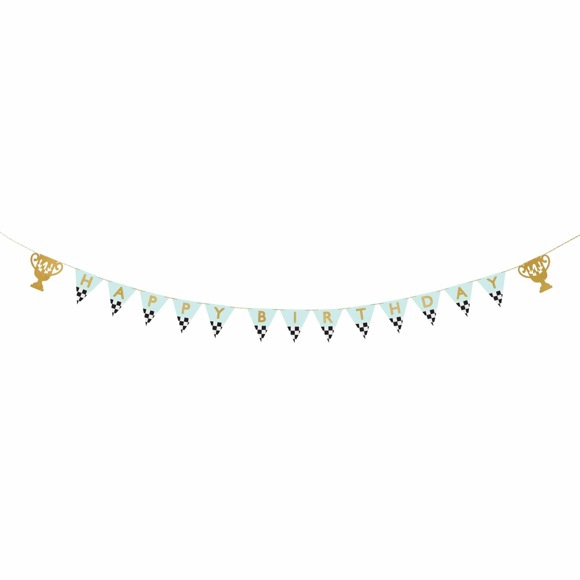 Happy Birthday banner with checkered flags and gold trophy symbols on a white background