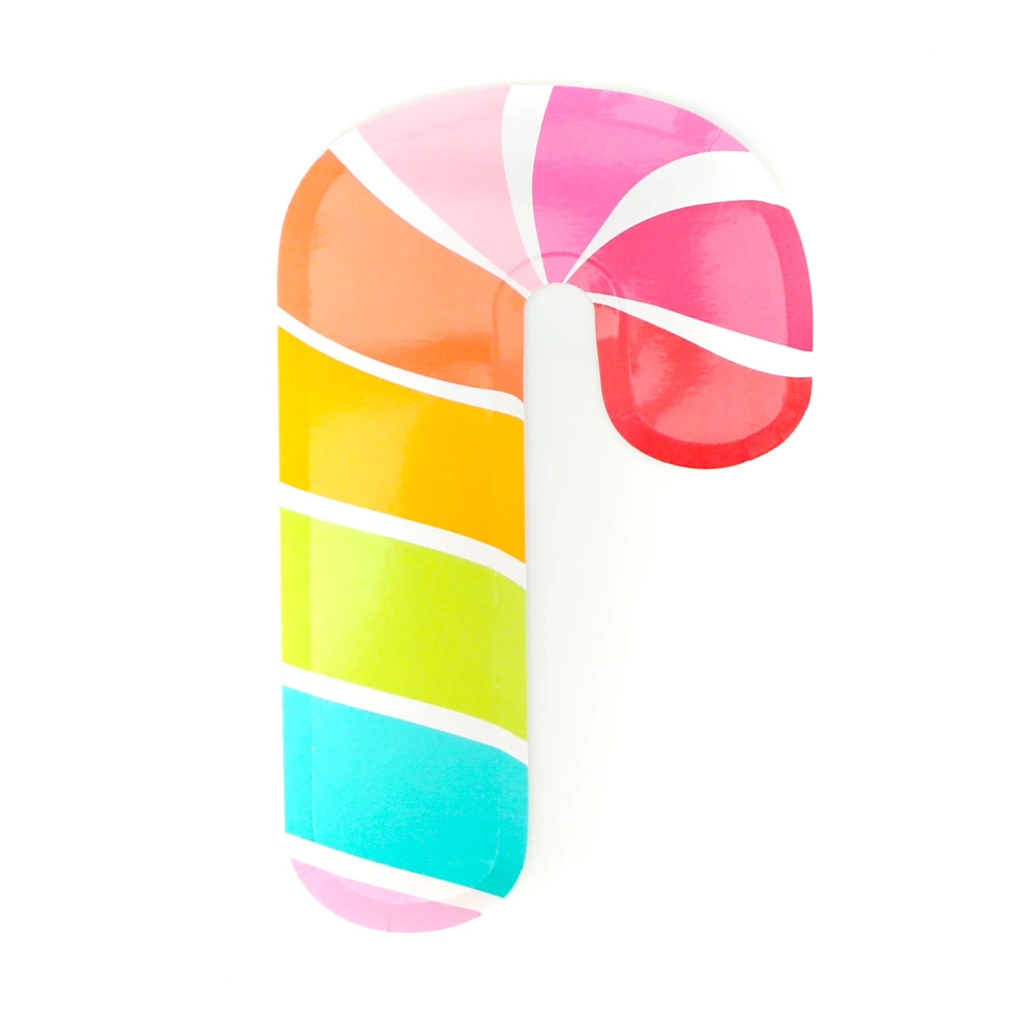 Colourful candy cane-shaped party plate on a white background