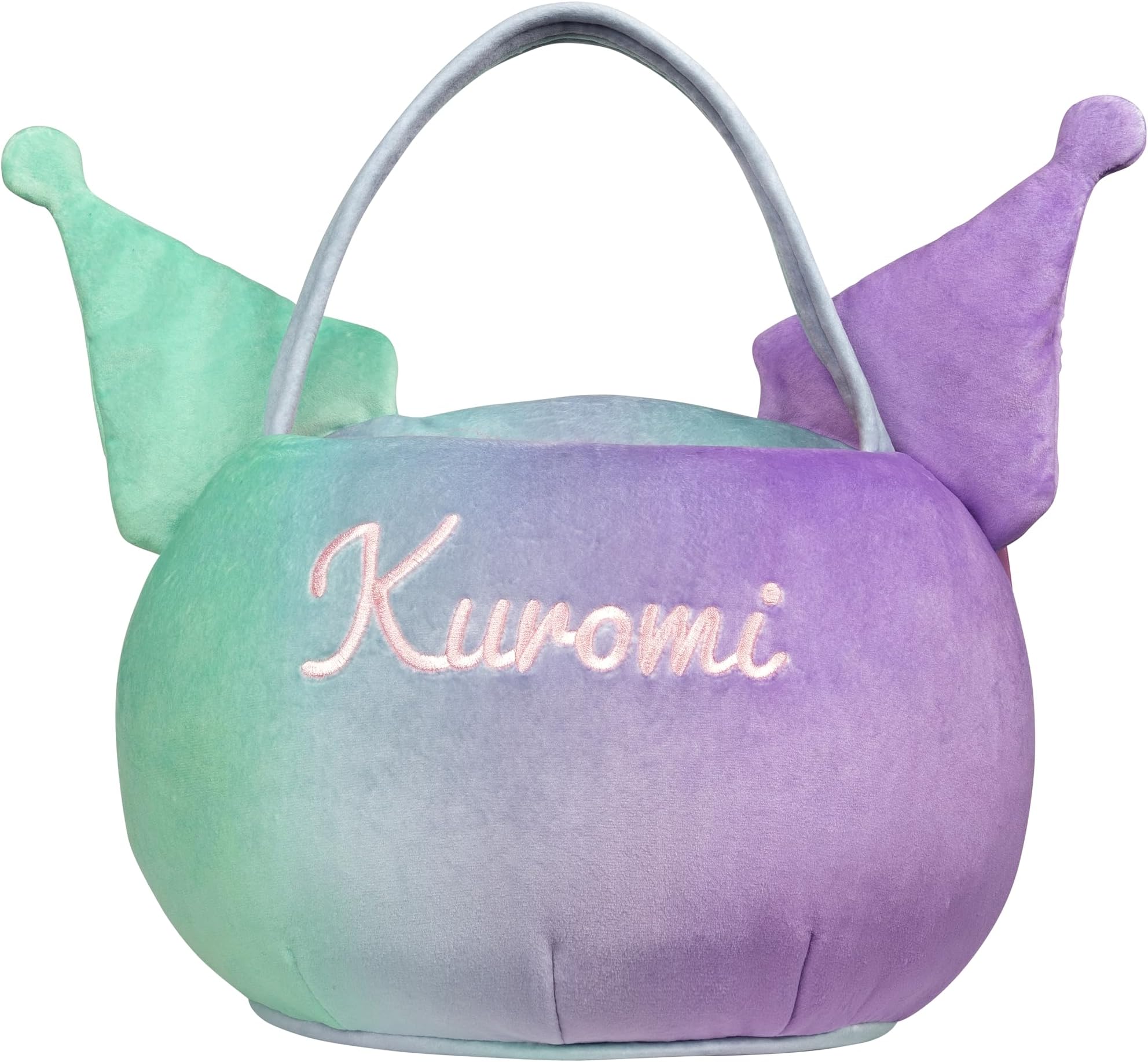 Gradient green to purple Sanrio Kuromi plush treat bucket with 'Kuromi' name embroidered, on a white background