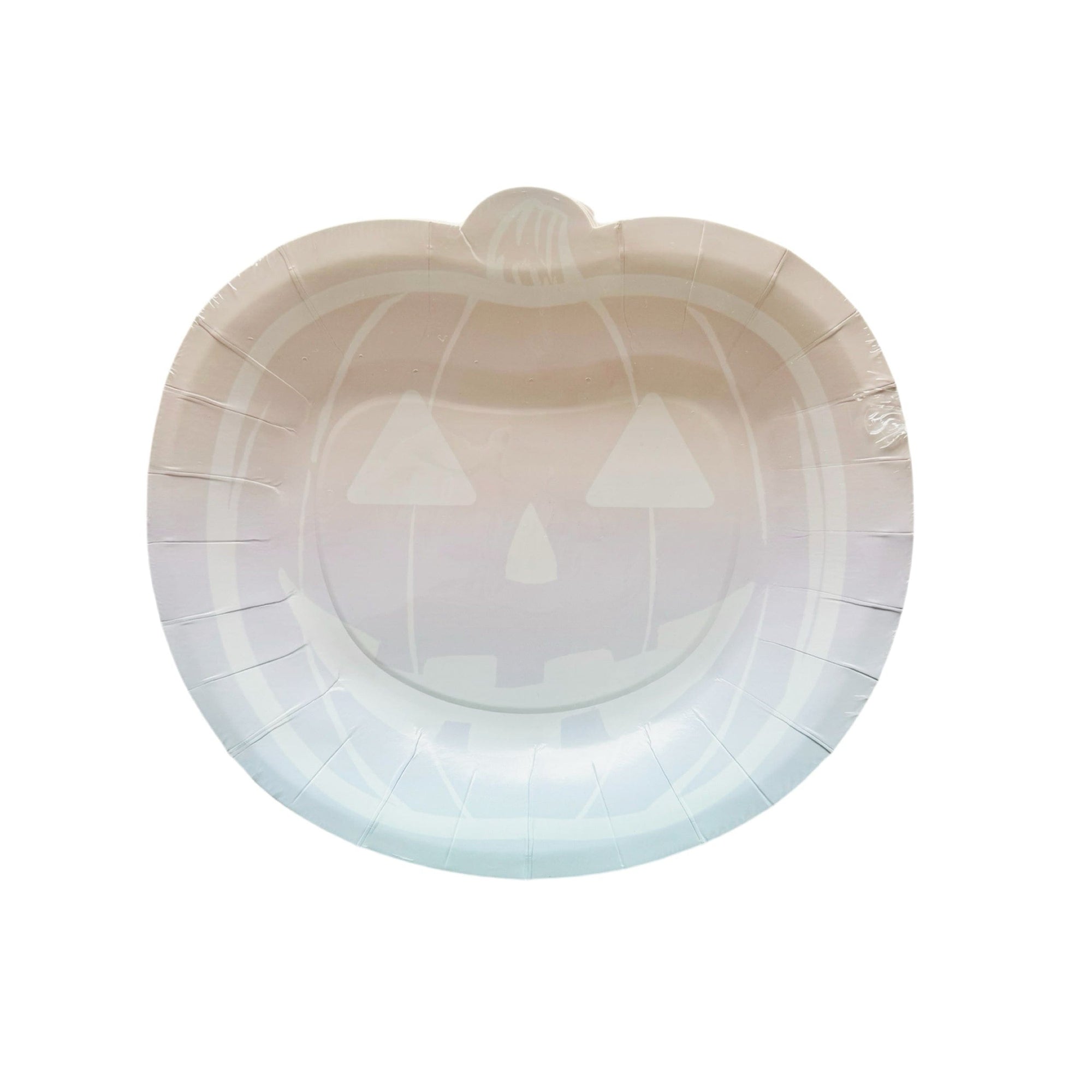 A die-cut paper plate with a Jack O' Lantern shape, featuring ombre colors in pink, purple, and blue.