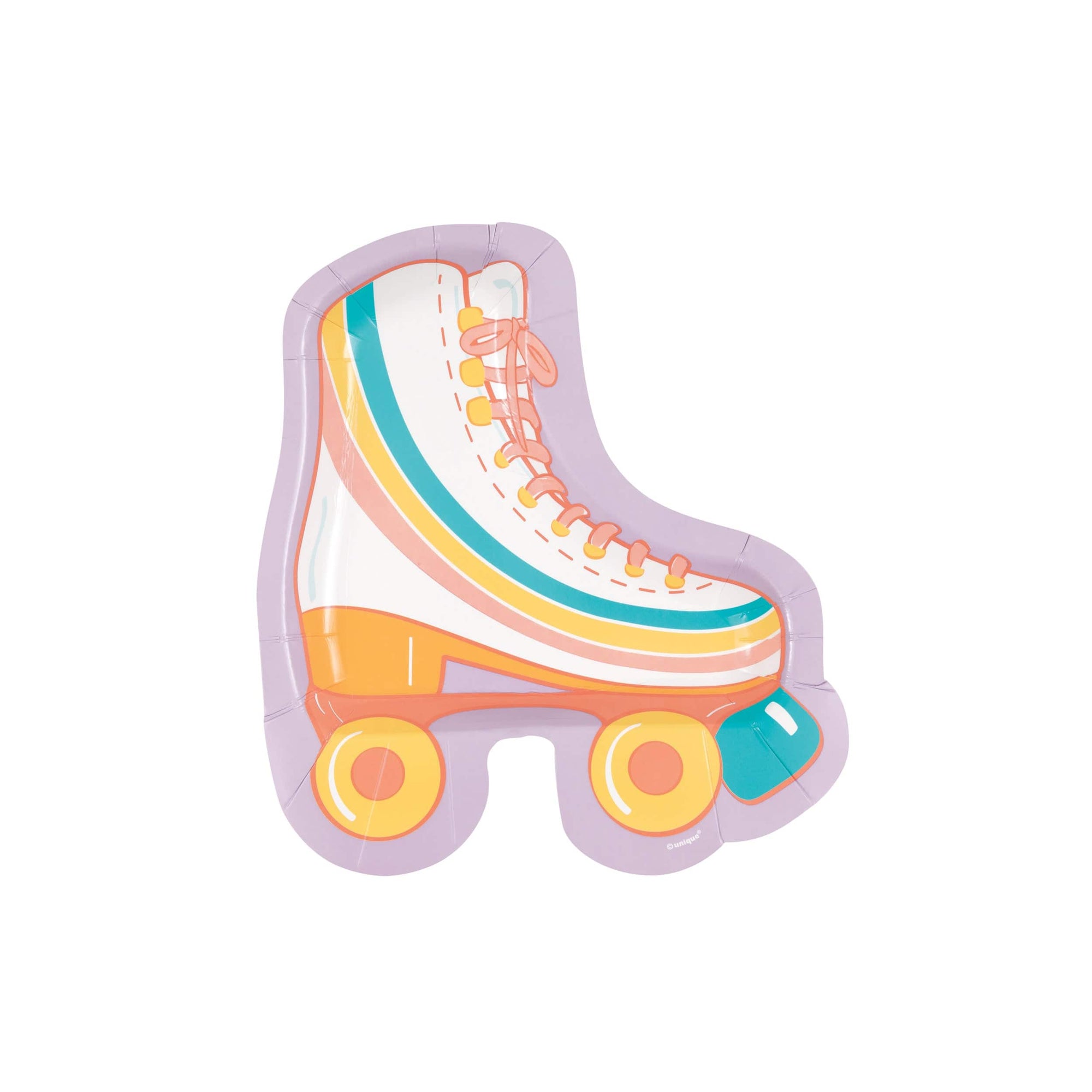 A die-cut paper plate shaped like a roller skate with rainbow colors and wheels, on a purple background.