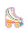A die-cut paper plate shaped like a roller skate with rainbow colors and wheels, on a purple background.