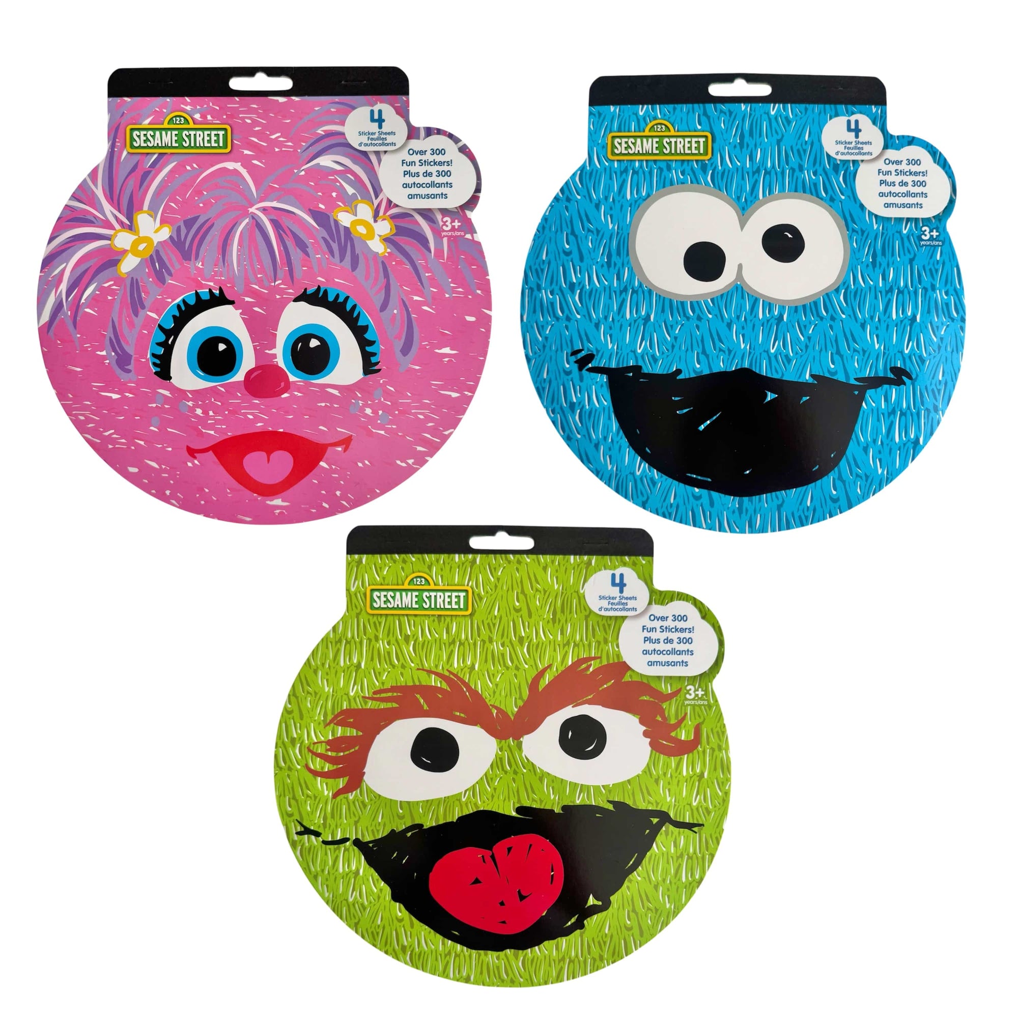Three Sesame Street character stickers books featuring the characters Abby Cadabby, Oscar the Grouch, and Cookie Monster