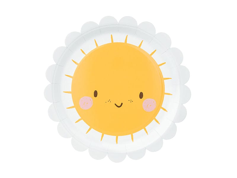 A set of six paper plates with a smiling sun design and daisy-style scalloped edges.