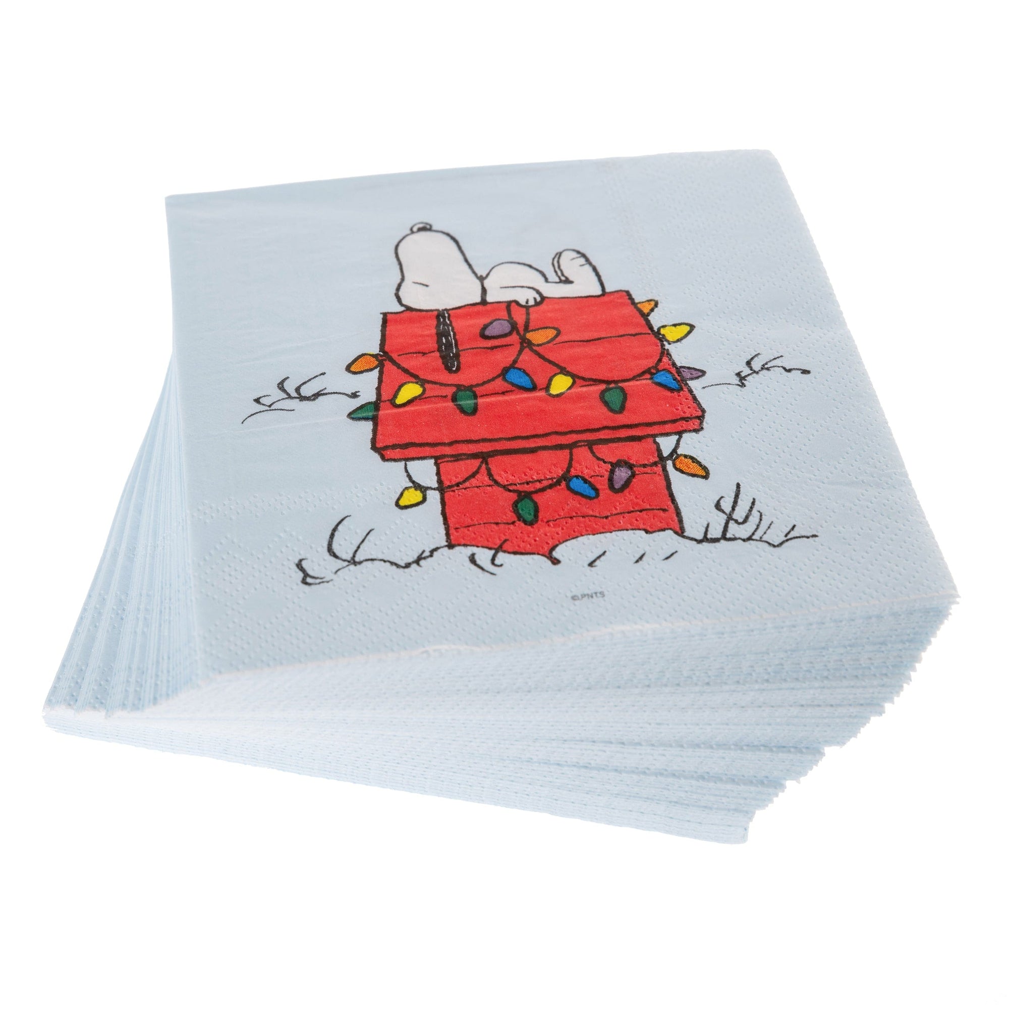 Stack of christmas napkins with a Snoopy and Woodstock design on a light blue background