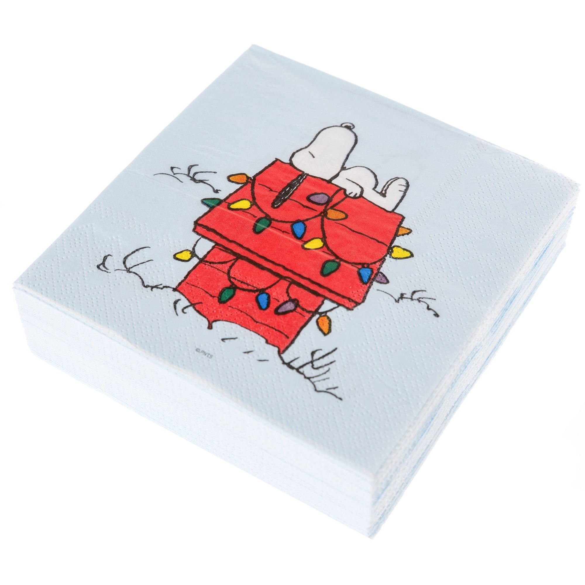 Christmas napkins with a cartoon design of a snoopy the dog from peanuts with Christmas lights on a light blue background