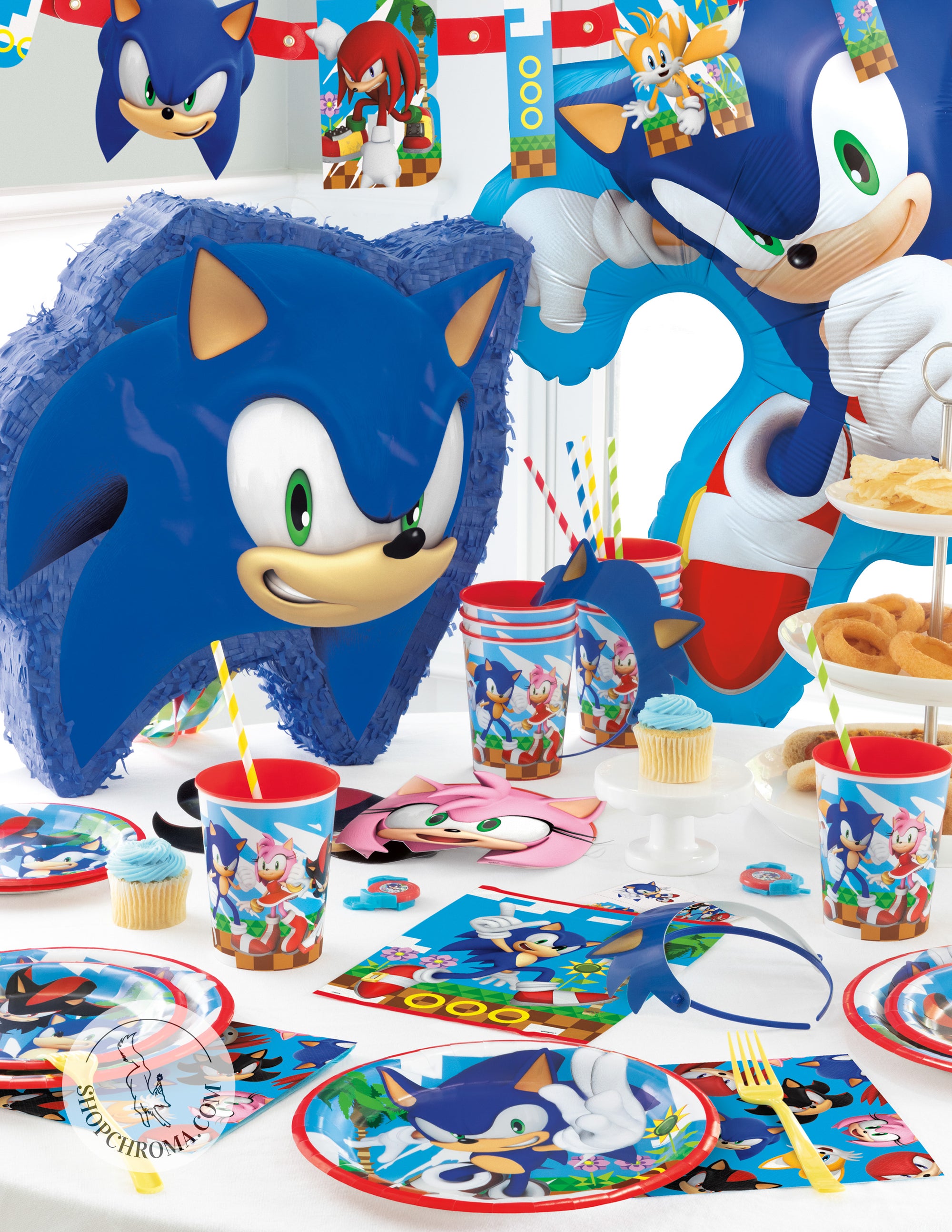 Sonic the Hedgehog birthday party supplies set with blue Sonic piñata, balloon, themed plates, cups, napkins, and party decorations for kids birthday celebration