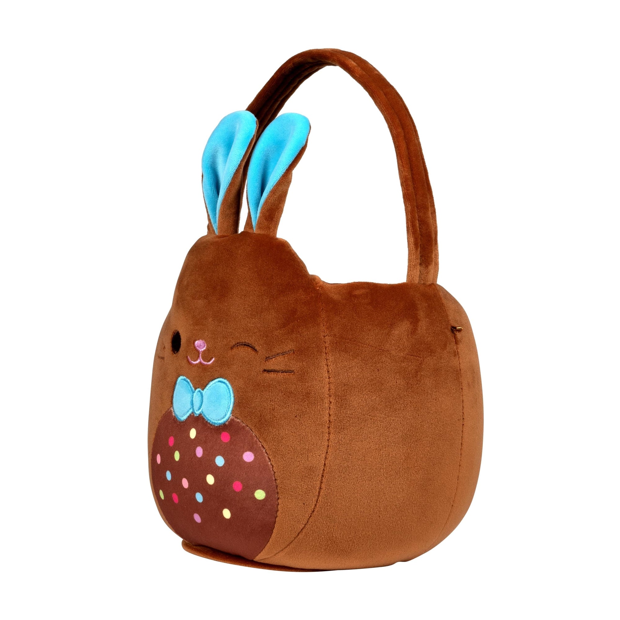 Brown Squishmallows plush Easter basket with bunny ears and face on a white background