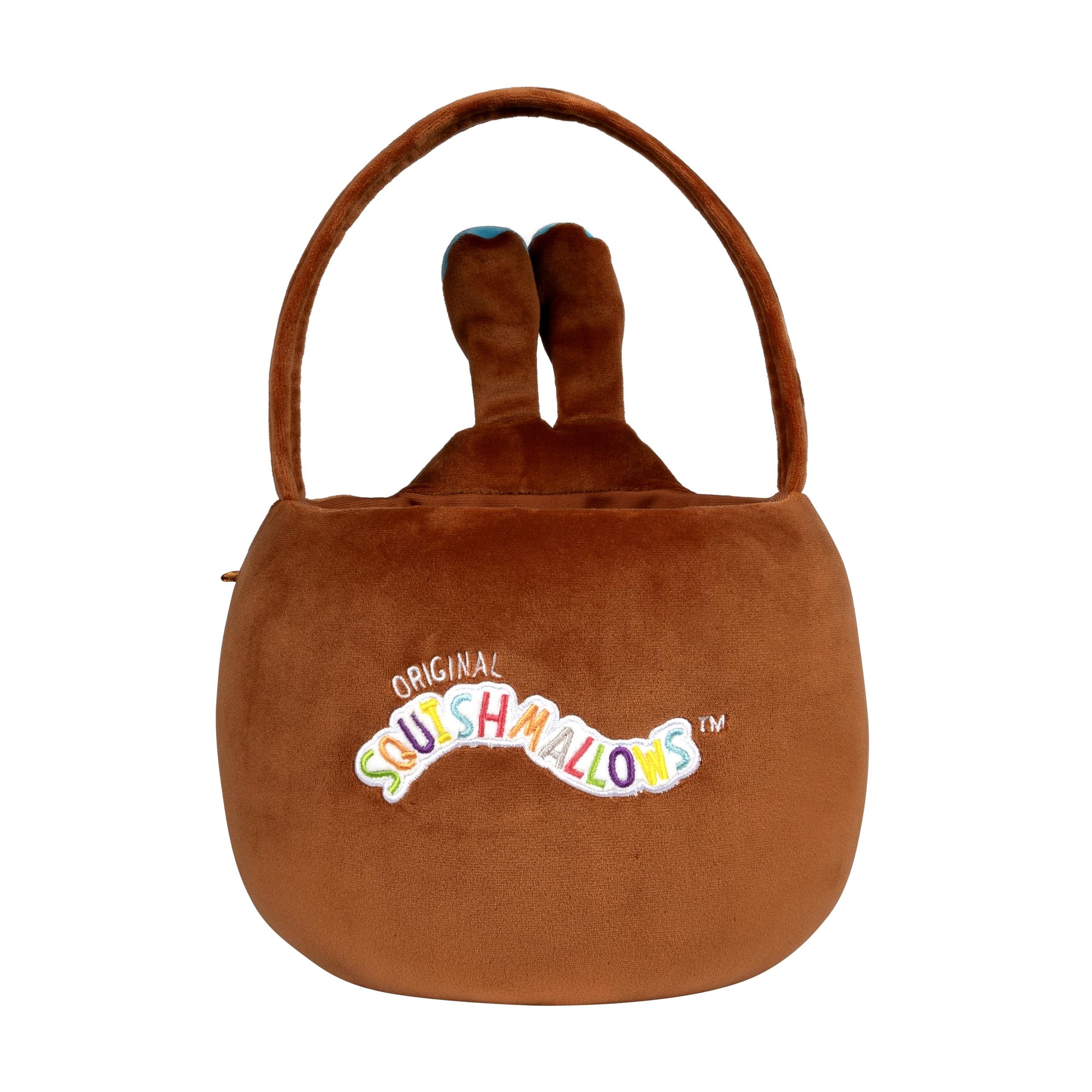 Brown squishmallows plush Easter basket with bunny ears and 'Original Squishmallows' logo on a white background