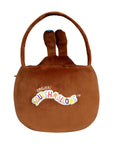 Brown squishmallows plush Easter basket with bunny ears and 'Original Squishmallows' logo on a white background