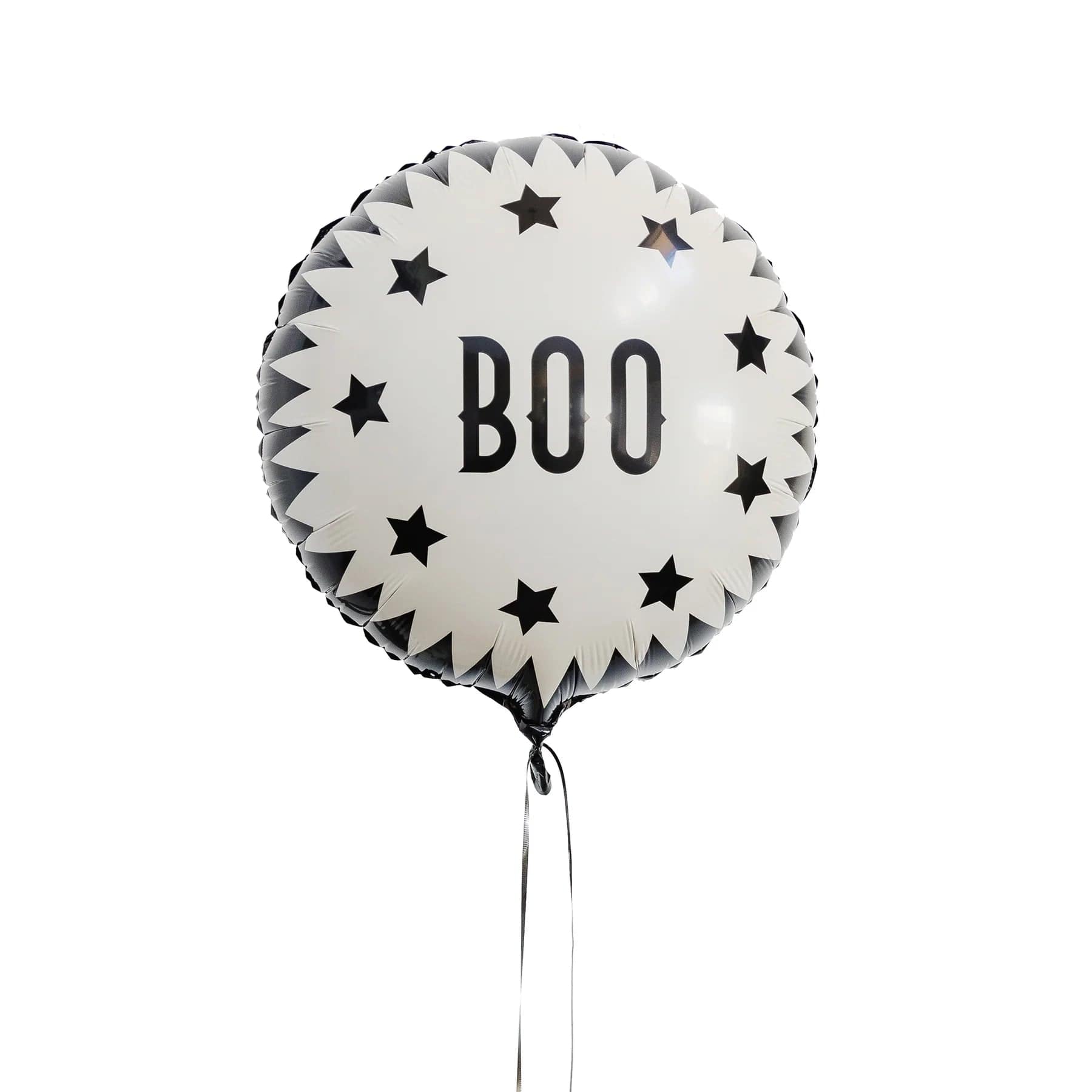 A round foil balloon with a 'BOO' text and black stars pattern on a white background, attached to a string.