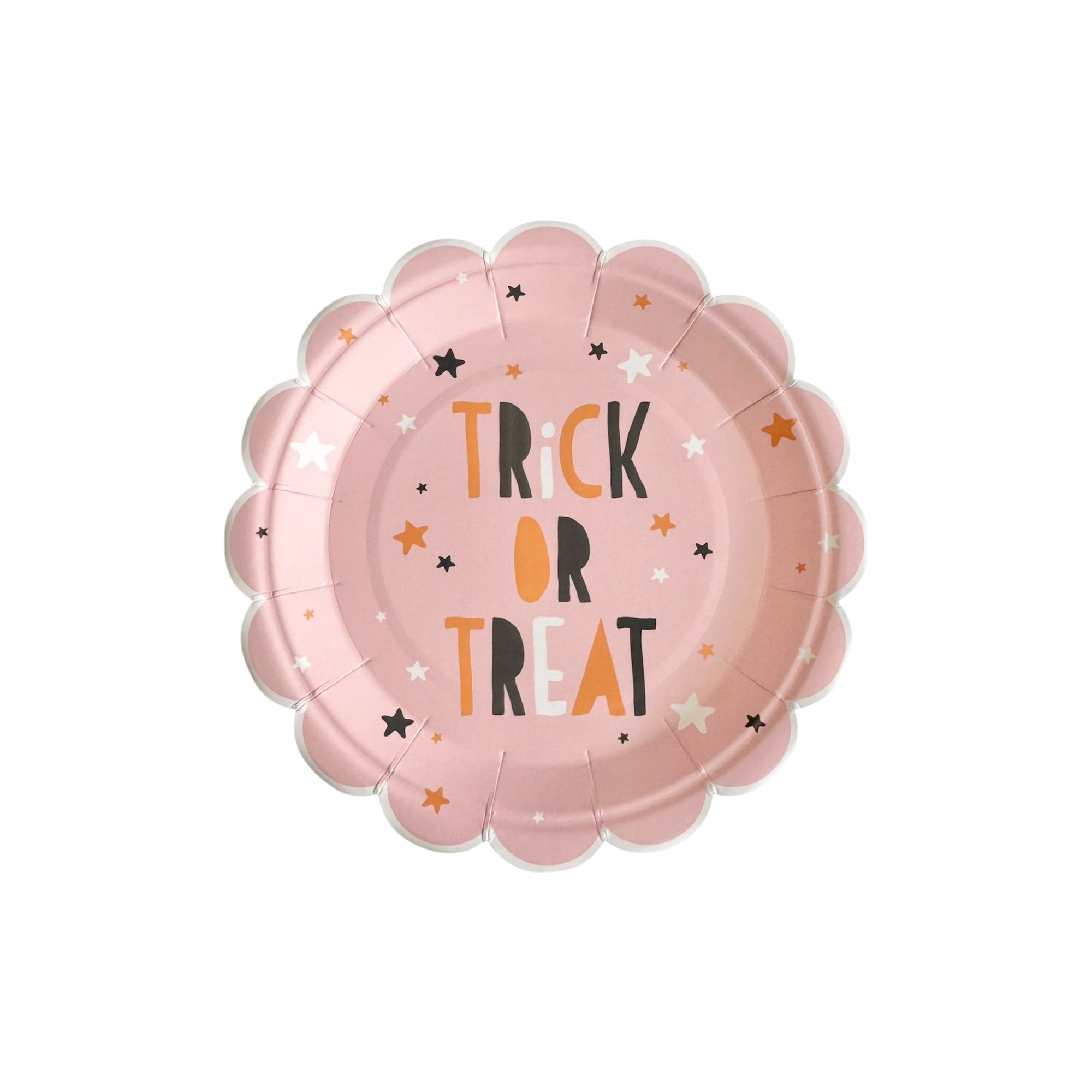 Pink scalloped Halloween plates with Trick or Treat text - pastel paper plates for cute and girly Halloween parties