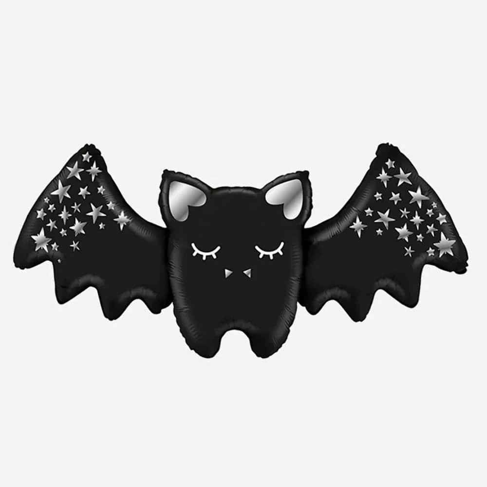 Grabo black bat foil balloon with silver star pattern wings, Halloween party balloon decoration, cute sleeping bat mylar balloon for spooky themed parties and Halloween celebrations