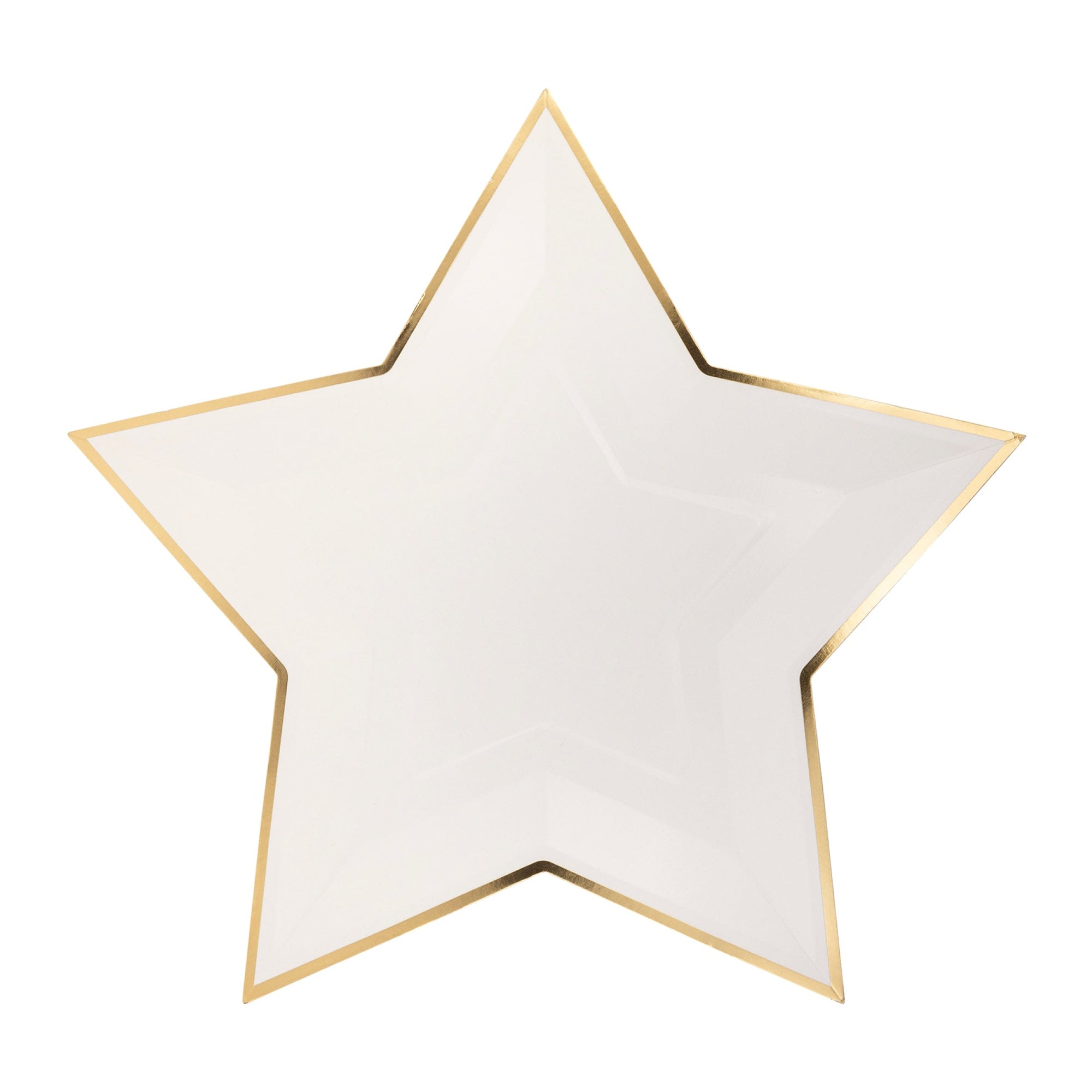 A die cut star-shaped paper party plate with a shiny gold foil border.