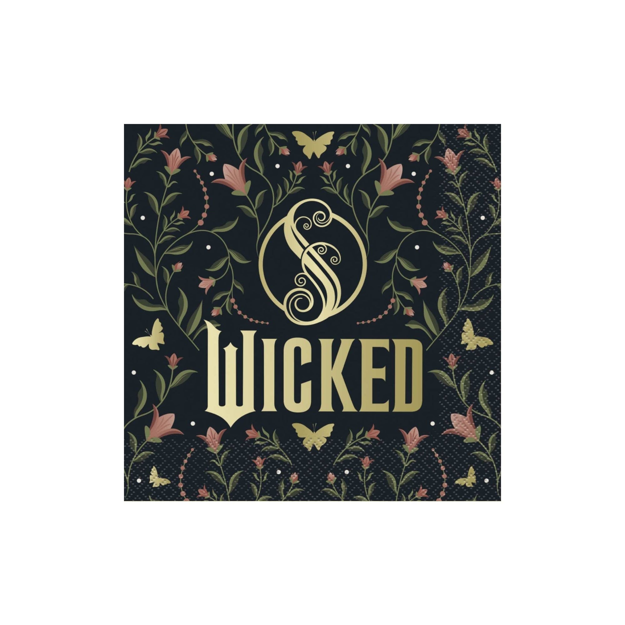 Square image featuring “WICKED” in gold ornate lettering for Wicked Napkins - Large, framed by floral vines and butterflies on a dark background, inspired by the elegant decorative style of Shiz University.