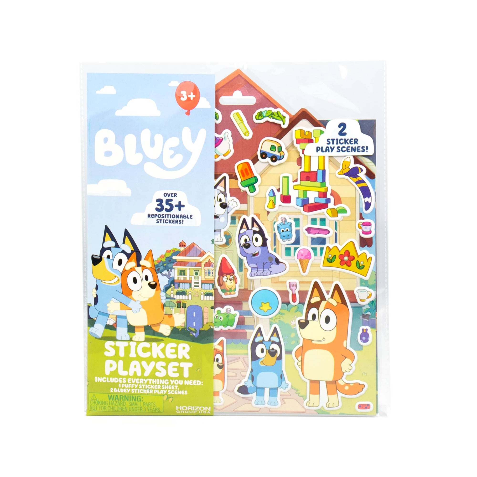 Bluey Sticker Playset packaging with 35+ repositionable puffy stickers and 2 play scenes; Bluey birthday gift or activity set for kids 3+