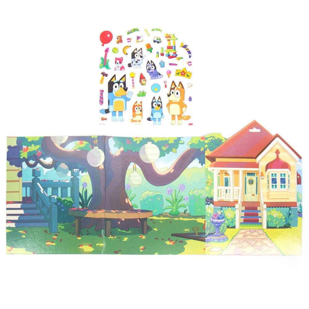 luey Sticker Playset contents showing puffy sticker sheet with Heeler family and open tri-fold backyard and house play scene