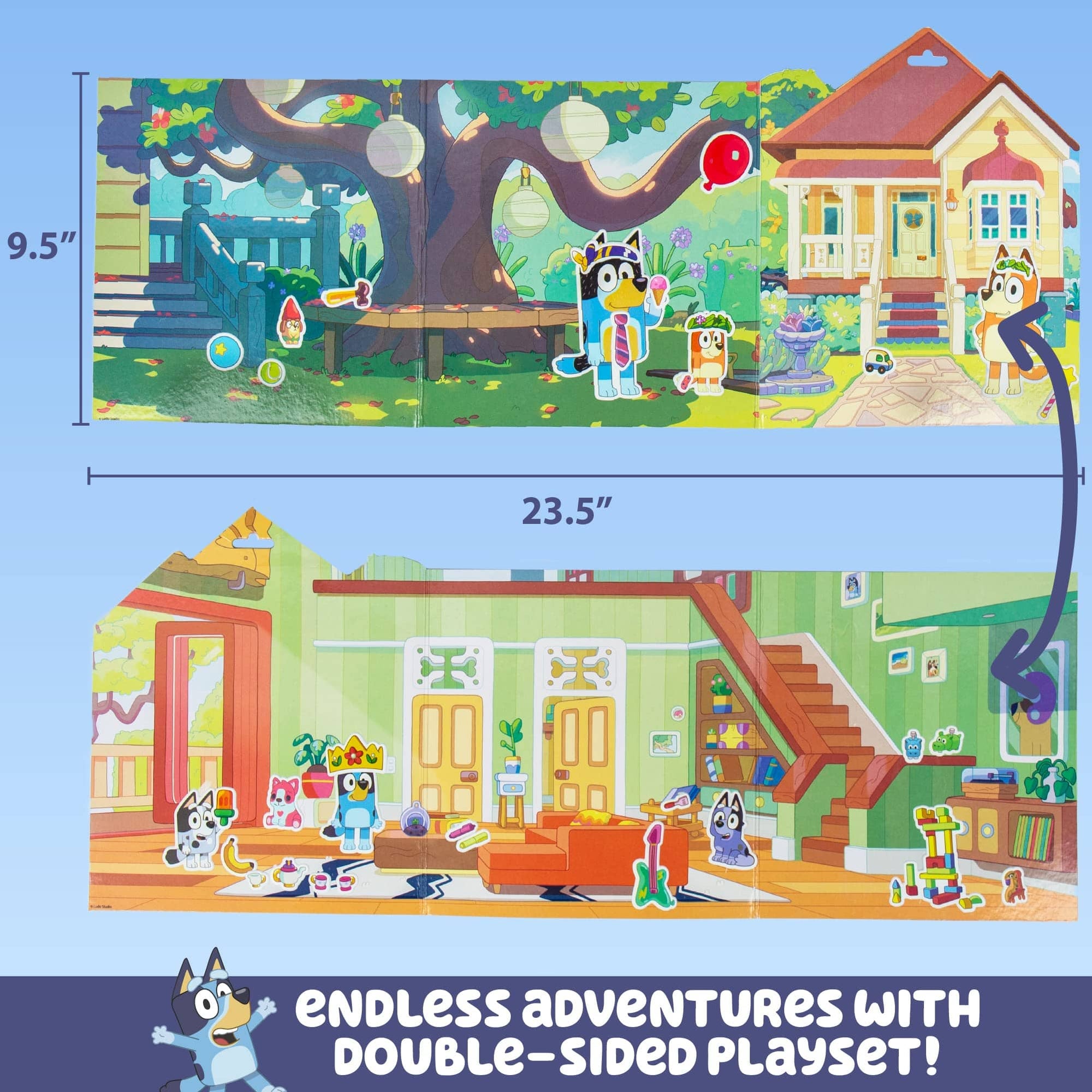 Bluey Sticker Playset double-sided play scene infographic: 23.5" open backyard scene and indoor Heeler house scene with character stickers