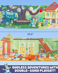 Bluey Sticker Playset double-sided play scene infographic: 23.5" open backyard scene and indoor Heeler house scene with character stickers