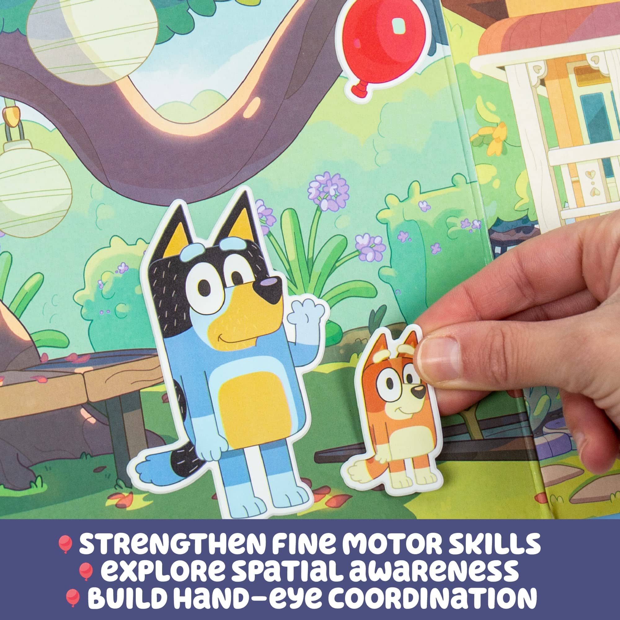 Bluey Sticker Playset backyard scene with Bingo sticker; builds fine motor skills, spatial awareness, and hand-eye coordination ages 3+