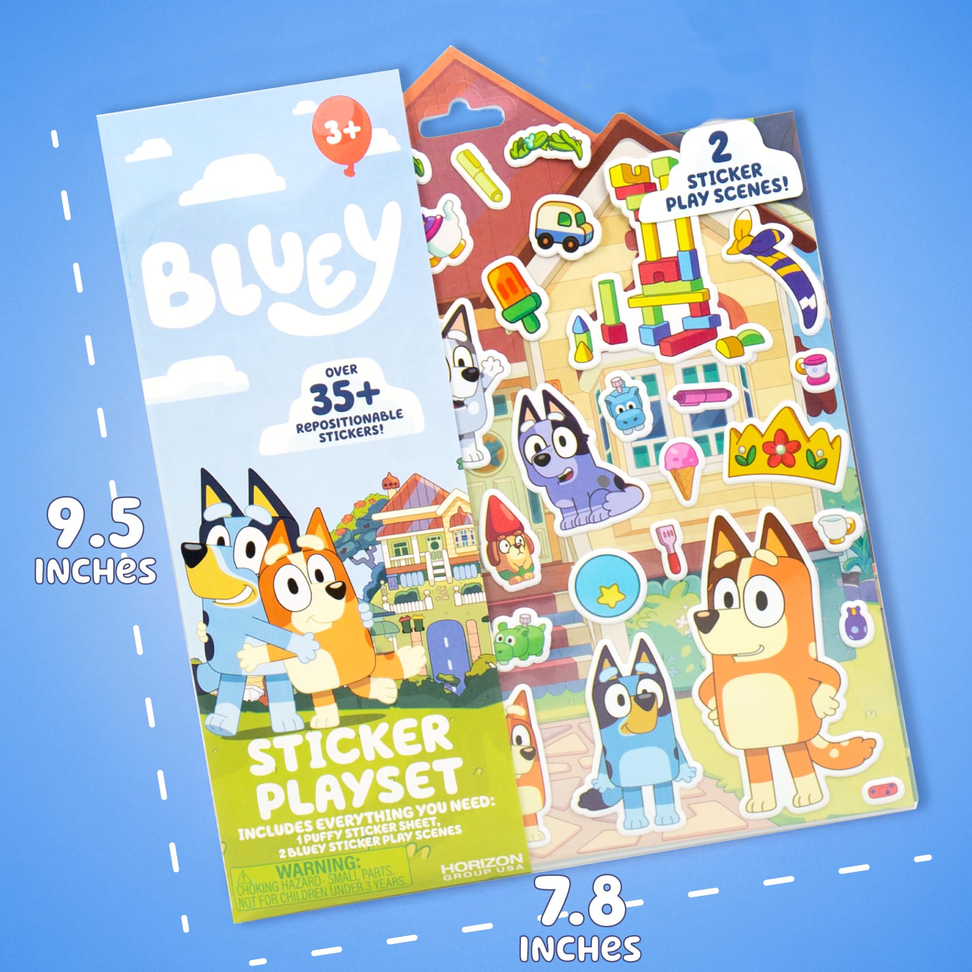 Bluey Sticker Playset packaging with dimensions 9.5 x 7.8 inches and 35+ repositionable puffy stickers; kids' party activity ages 3+