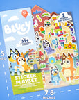 Bluey Sticker Playset packaging with dimensions 9.5 x 7.8 inches and 35+ repositionable puffy stickers; kids' party activity ages 3+
