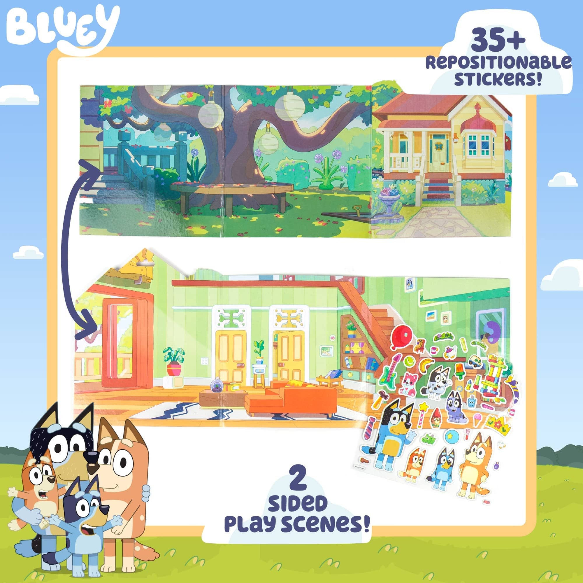 Bluey Sticker Playset infographic showing 2-sided play scenes — backyard and Heeler house interior — with 35+ repositionable puffy stickers