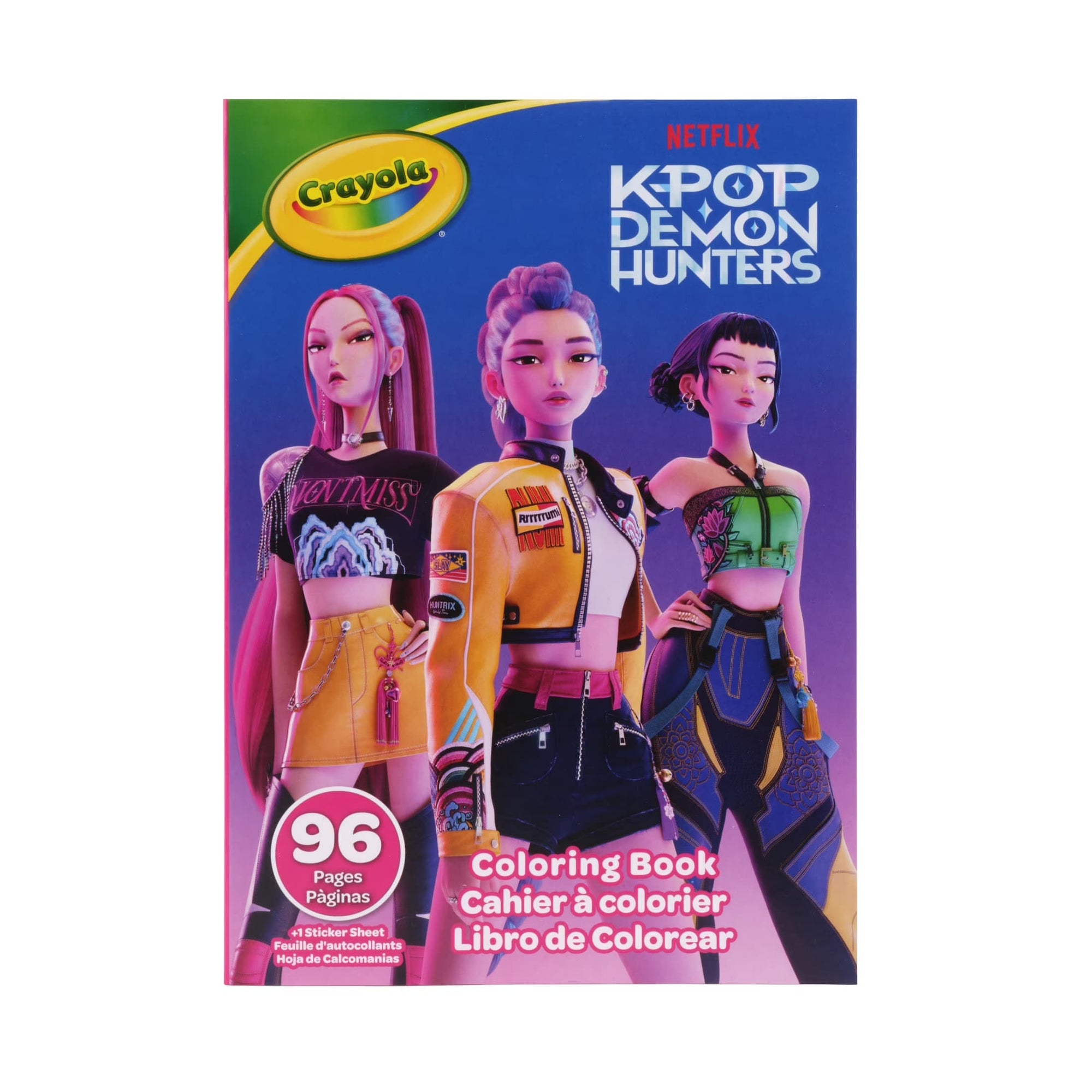 Crayola Kpop Demon Hunters 96 page colouring book cover with Rumi, Mira, and Zoey of Huntrix