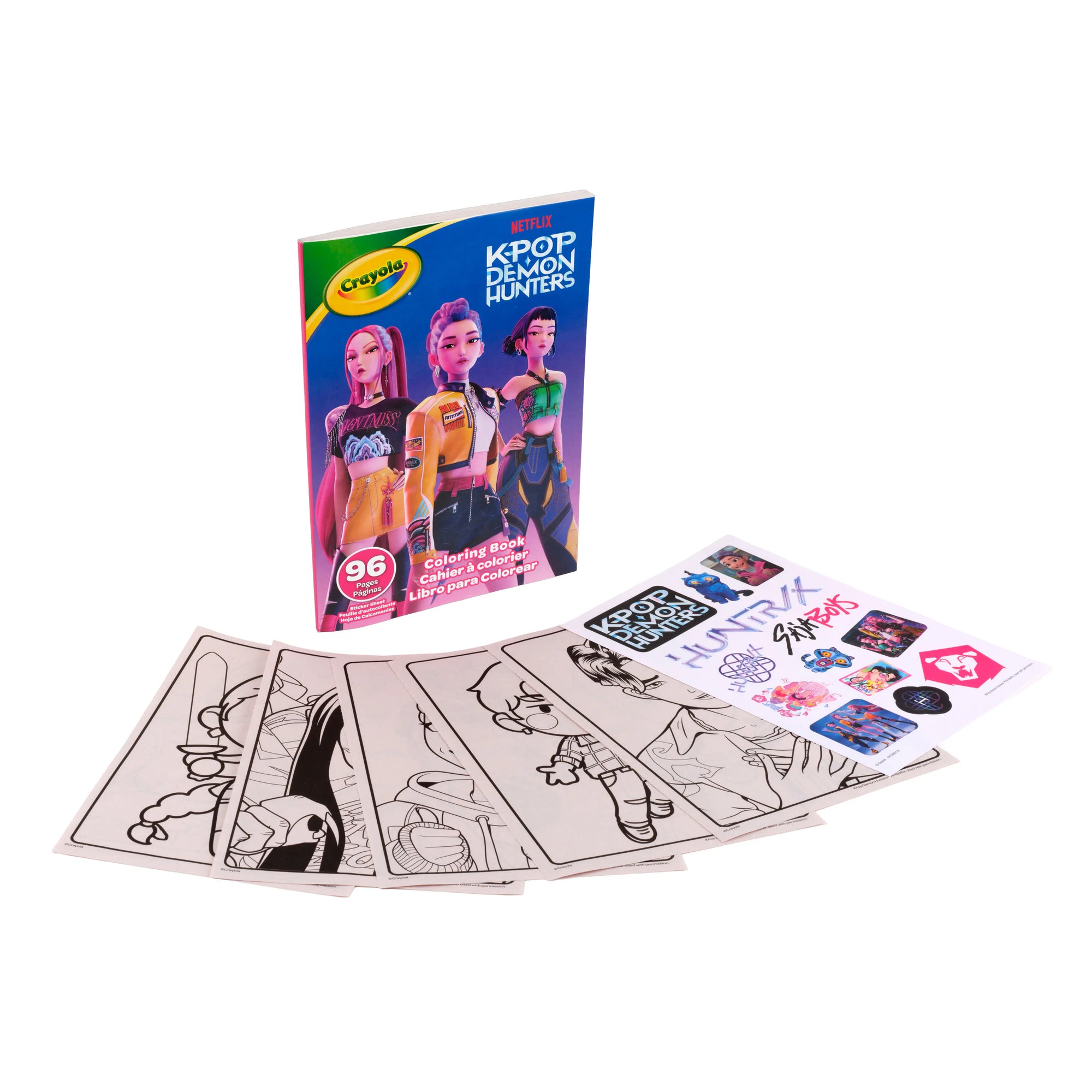Crayola Kpop Demon Hunters colouring book standing behind fanned line art pages and sticker sheet, kpop demon hunters birthday gift