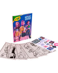Crayola Kpop Demon Hunters colouring book standing behind fanned line art pages and sticker sheet, kpop demon hunters birthday gift