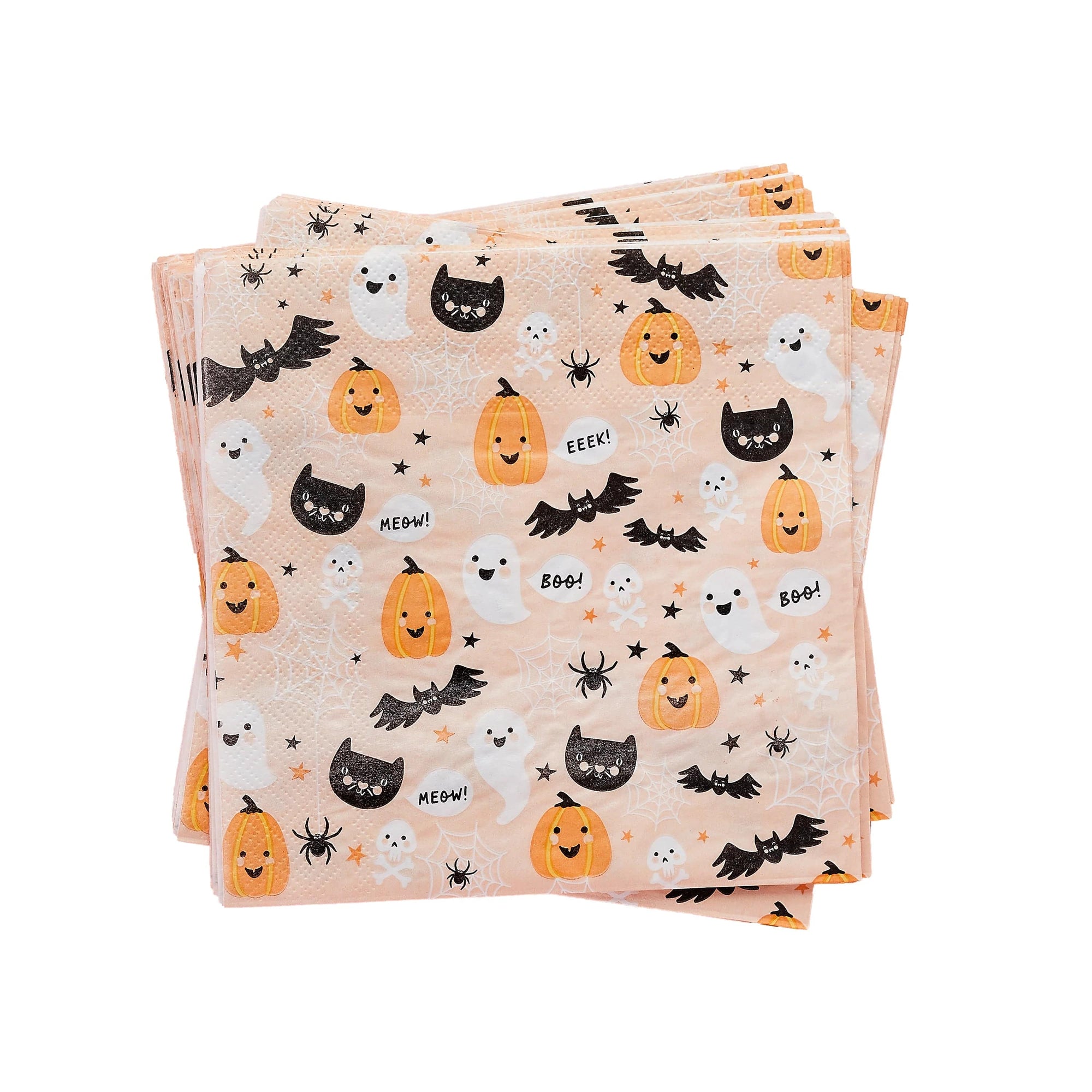 Cute pastel Halloween napkins for kids party - disposable paper napkins with pumpkins, ghosts, black cats, bats and spiders for Halloween party supplies and decorations